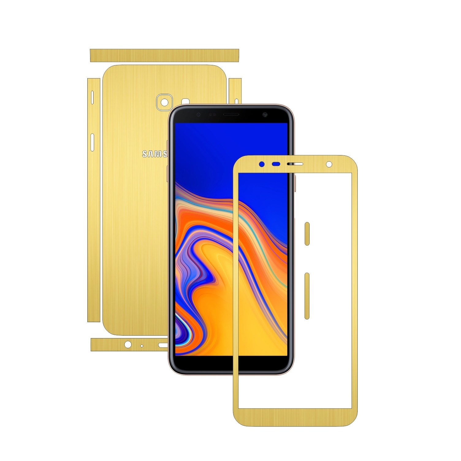 Folie Protectie Carbon Skinz pentru Samsung Galaxy J4+ Plus - Brushed Auriu Split Cut, Skin Adeziv Full Body Cover pentru Rama Ecran, Carcasa Spate si Laterale