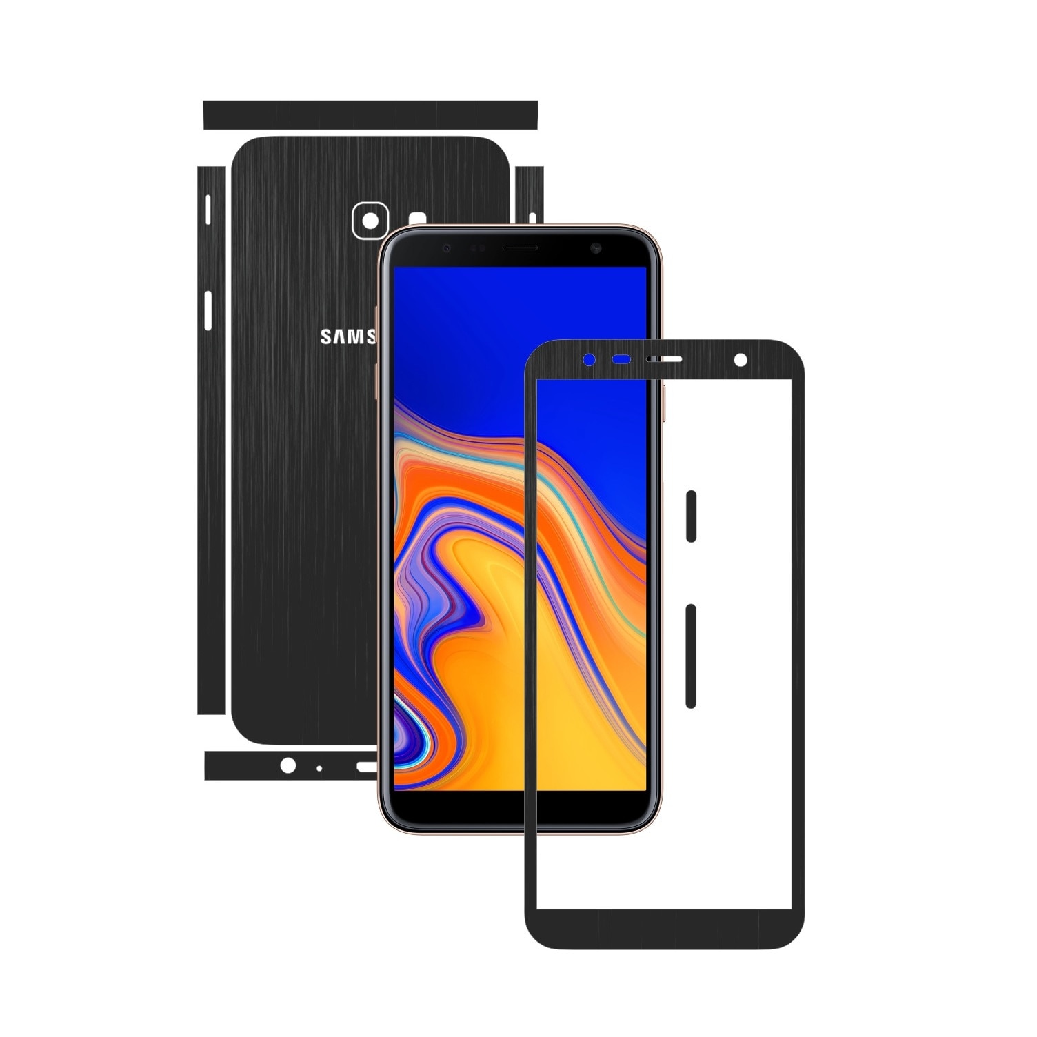 Folie Protectie Carbon Skinz pentru Samsung Galaxy J4+ Plus - Brushed Negru Split Cut, Skin Adeziv Full Body Cover pentru Rama Ecran, Carcasa Spate si Laterale