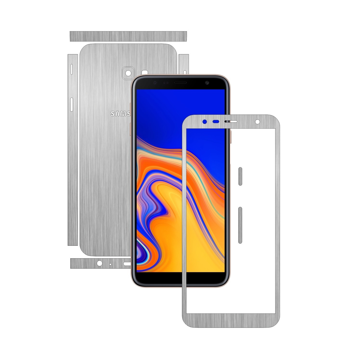 Folie Protectie Carbon Skinz pentru Samsung Galaxy J4+ Plus - Brushed Argintiu Split Cut, Skin Adeziv Full Body Cover pentru Rama Ecran, Carcasa Spate si Laterale