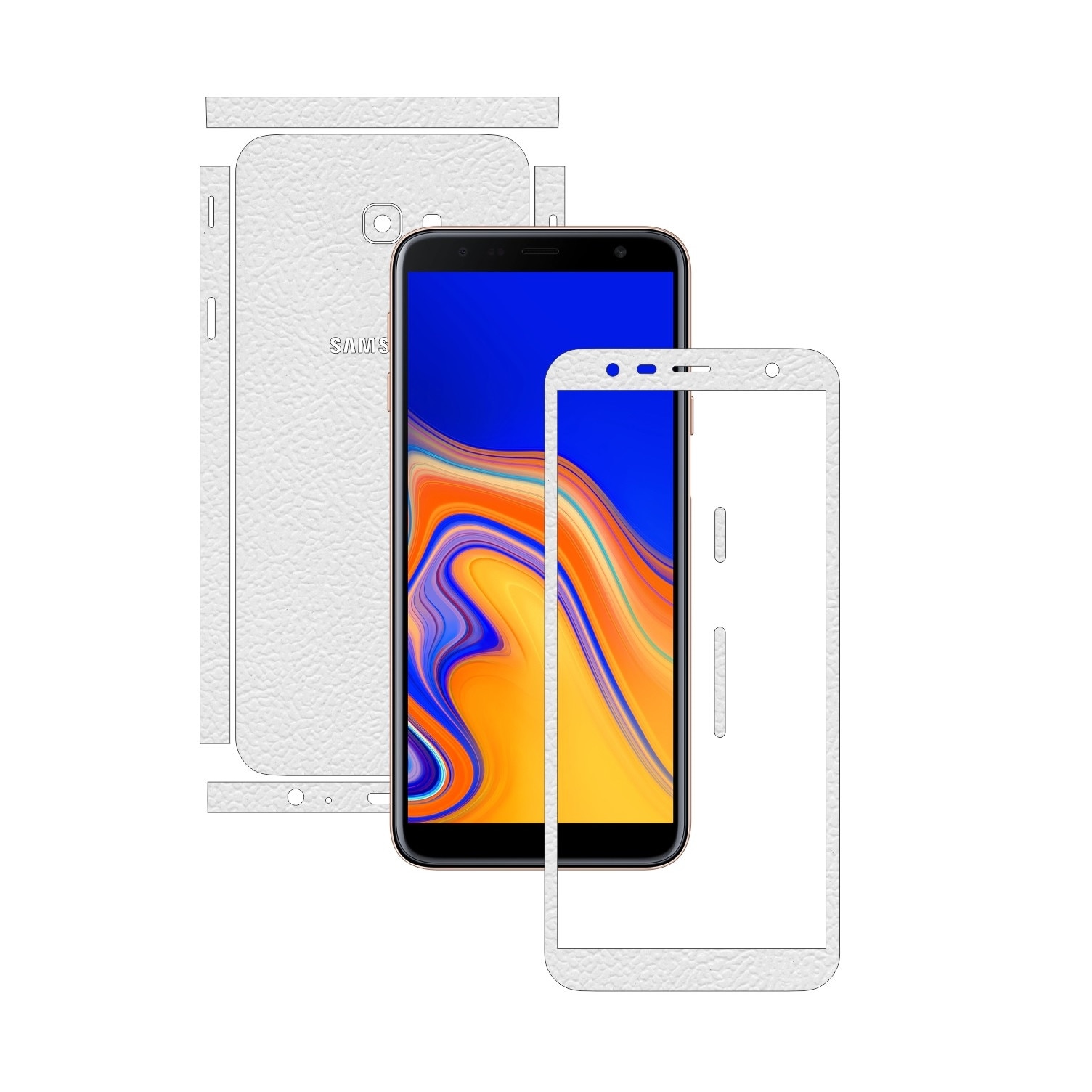 Folie Protectie Carbon Skinz pentru Samsung Galaxy J4+ Plus - Piele Alba Split Cut, Skin Adeziv Full Body Cover pentru Rama Ecran, Carcasa Spate si Laterale