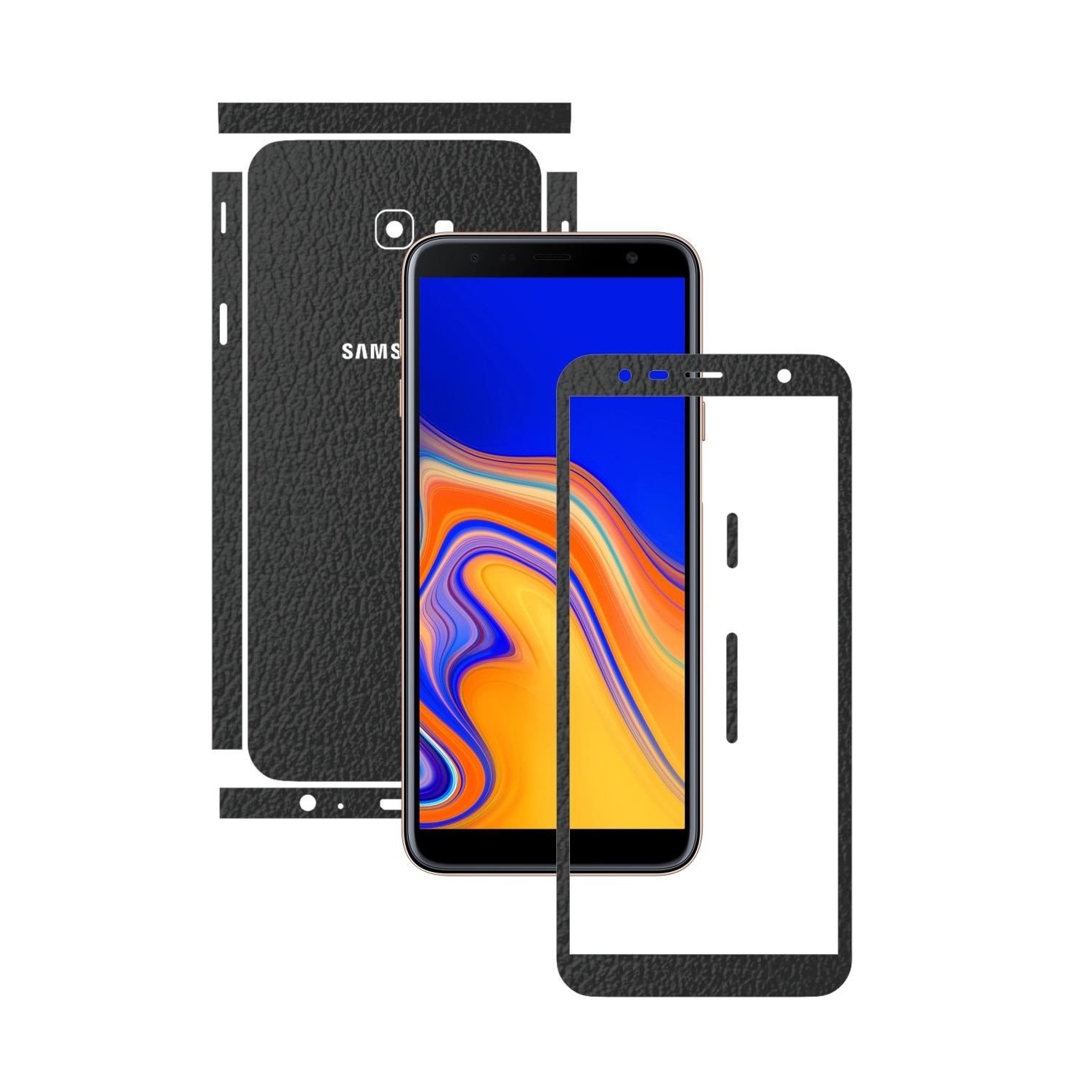 Folie Protectie Carbon Skinz pentru Samsung Galaxy J4+ Plus - Piele Neagra Split Cut, Skin Adeziv Full Body Cover pentru Rama Ecran, Carcasa Spate si Laterale