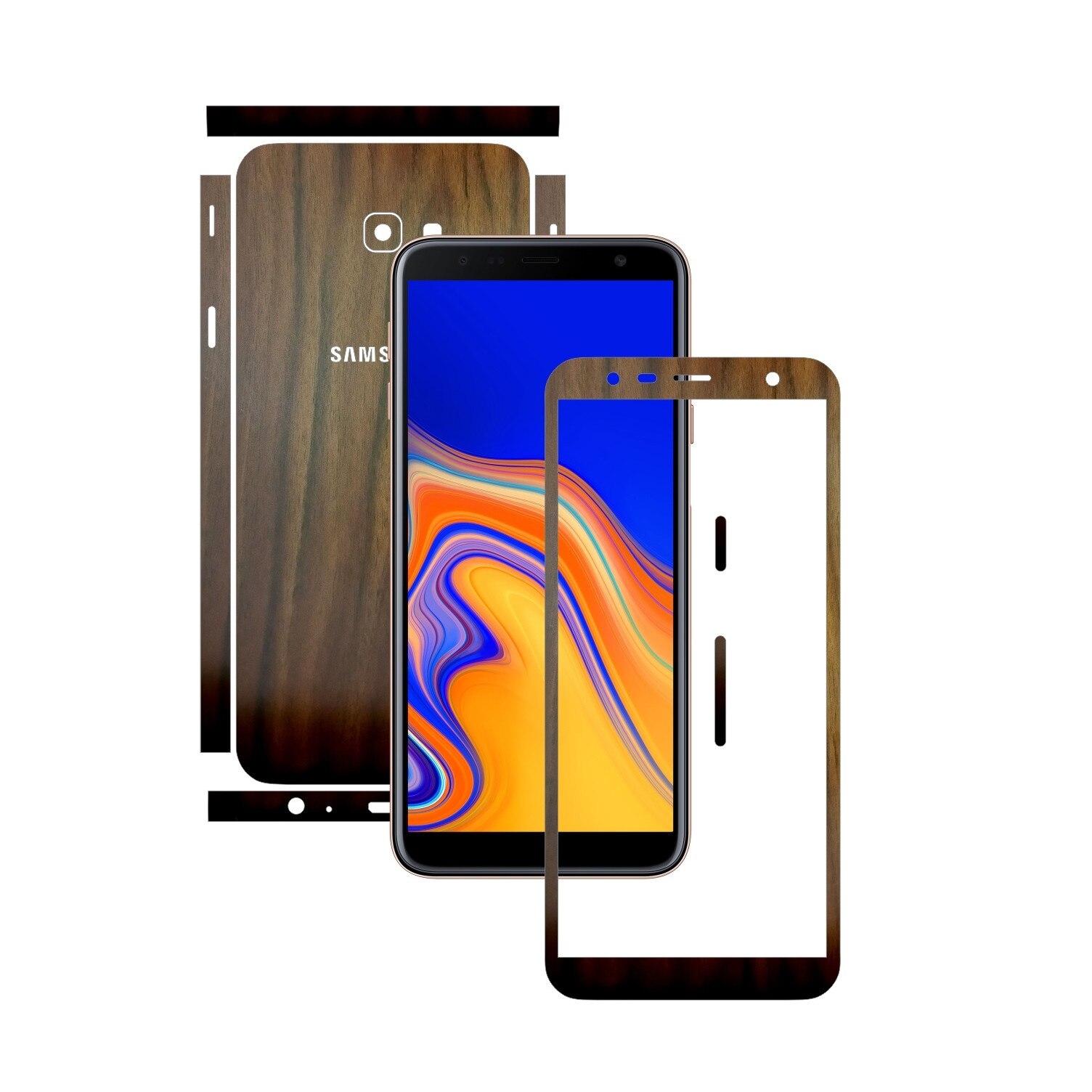 Folie Protectie Carbon Skinz pentru Samsung Galaxy J4+ Plus - Lemn Nuc Split Cut, Skin Adeziv Full Body Cover pentru Rama Ecran, Carcasa Spate si Laterale