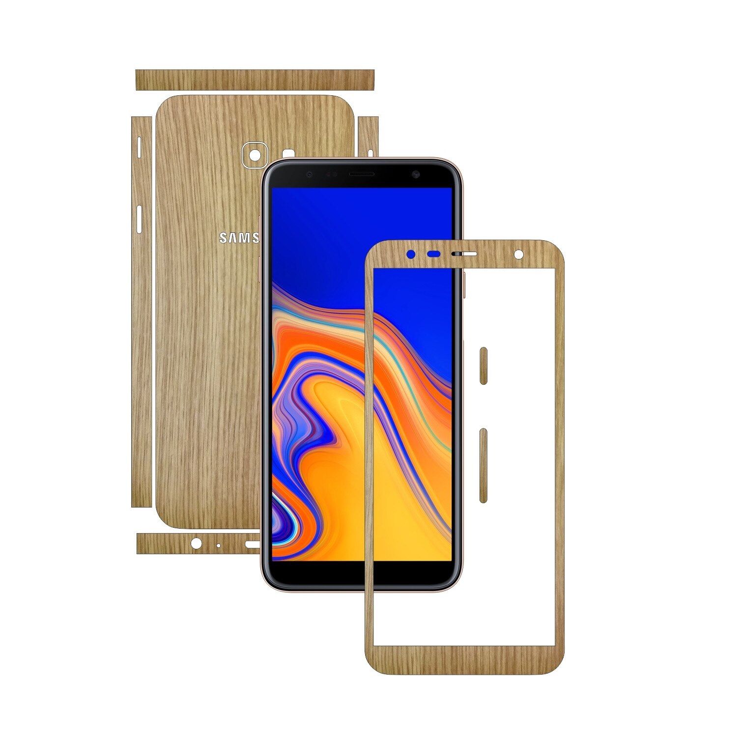Folie Protectie Carbon Skinz pentru Samsung Galaxy J4+ Plus - Lemn Stejar Split Cut, Skin Adeziv Full Body Cover pentru Rama Ecran, Carcasa Spate si Laterale
