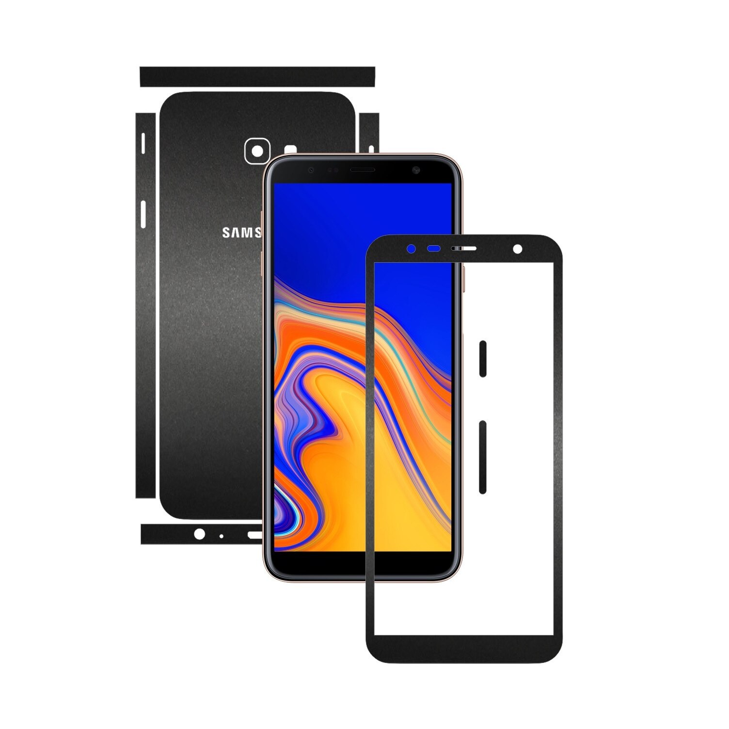 Folie Protectie Carbon Skinz pentru Samsung Galaxy J4+ Plus - Negru Mat Split Cut, Skin Adeziv Full Body Cover pentru Rama Ecran, Carcasa Spate si Laterale