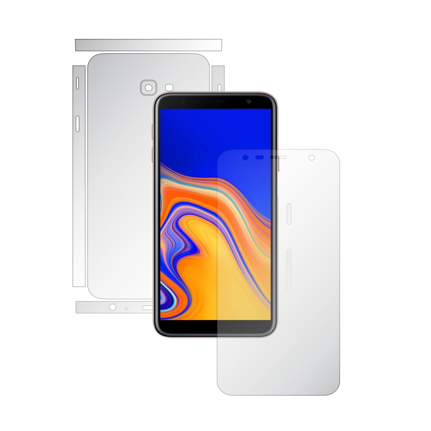 Folie Full Body Invisible Skinz HD pentru Samsung Galaxy J4+ Plus - Folie Protectie Siliconica Ultra-Clear cu taiere Split Cut pentru Ecran, Carcasa Spate si Laterale, Skin Adeziv Transparent, Edge to Edge Cover