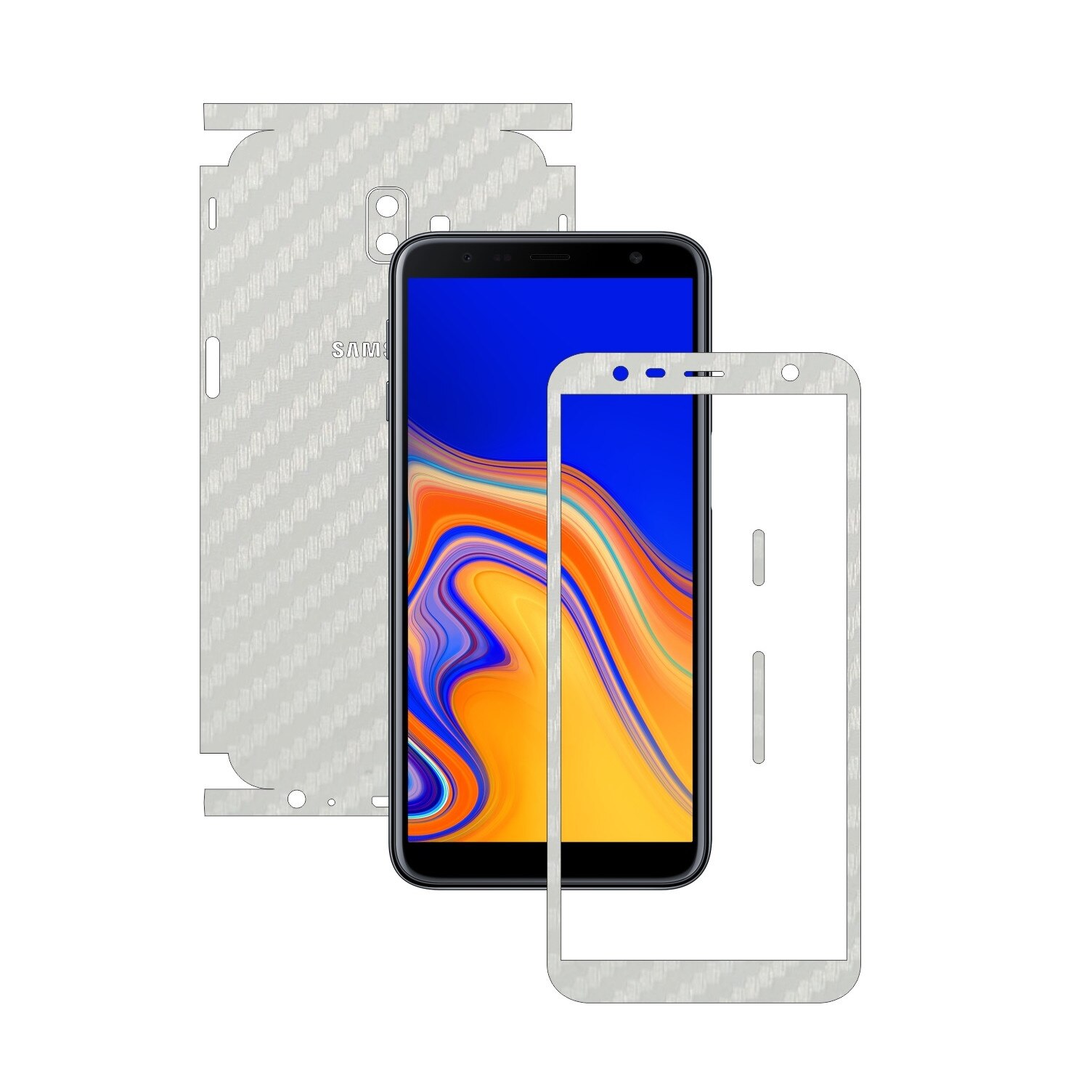 Folie Protectie Carbon Skinz pentru Samsung Galaxy J6+ Plus - Carbon Alb 360 Cut, Skin Adeziv Full Body Cover pentru Rama Ecran, Carcasa Spate si Laterale