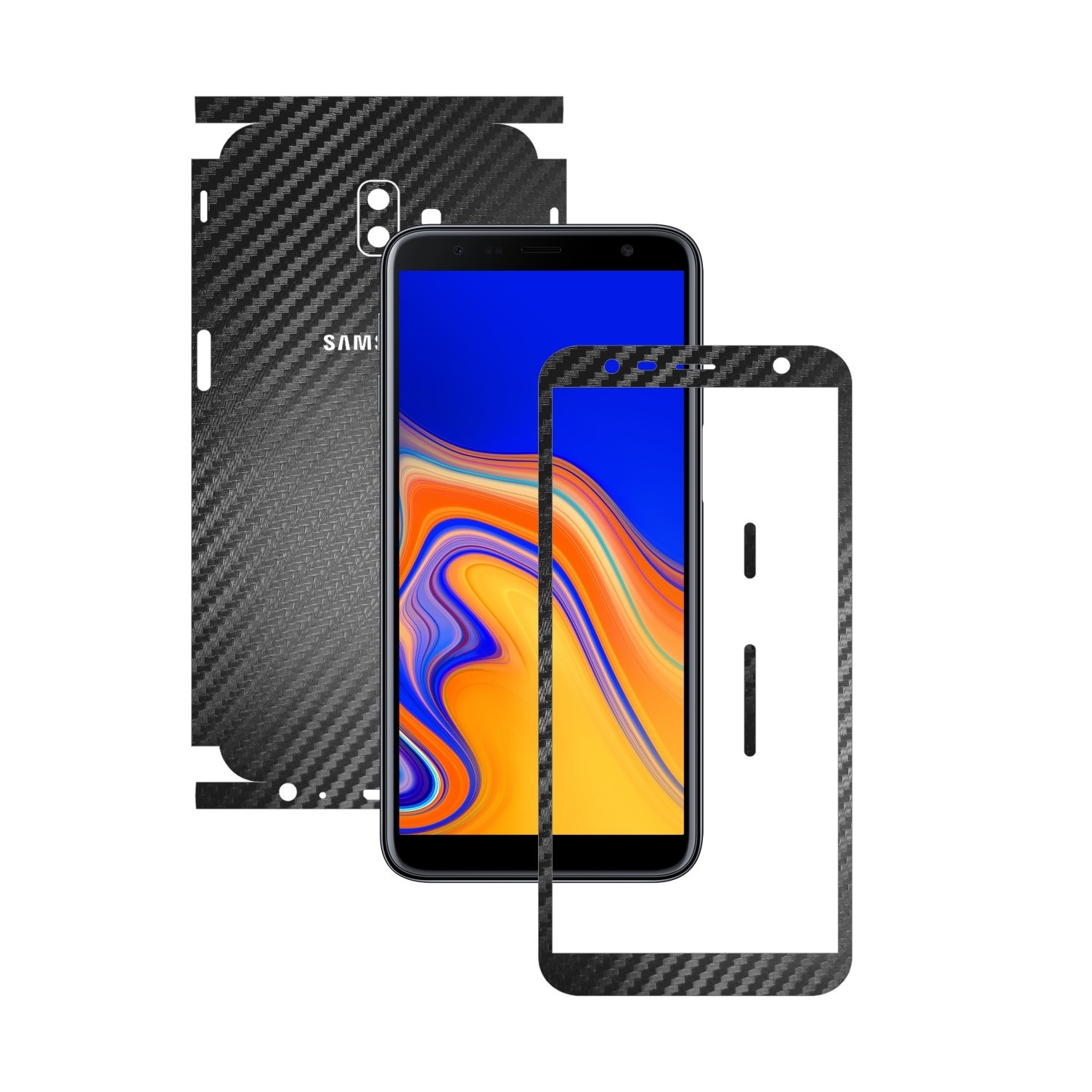 Folie Protectie Carbon Skinz pentru Samsung Galaxy J6+ Plus - Carbon Negru 360 Cut, Skin Adeziv Full Body Cover pentru Rama Ecran, Carcasa Spate si Laterale