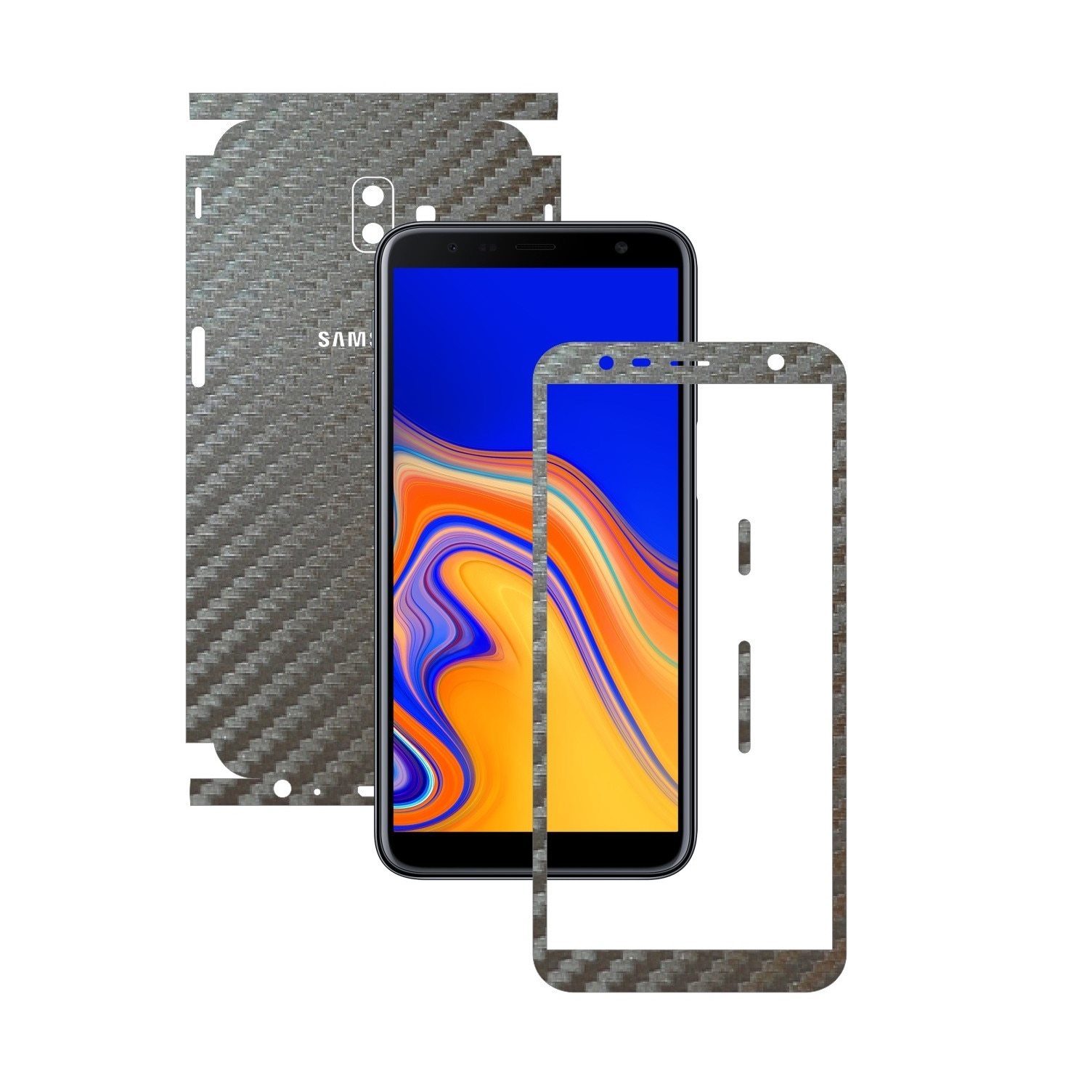 Folie Protectie Carbon Skinz pentru Samsung Galaxy J6+ Plus - Carbon Gri Argintiu 360 Cut, Skin Adeziv Full Body Cover pentru Rama Ecran, Carcasa Spate si Laterale