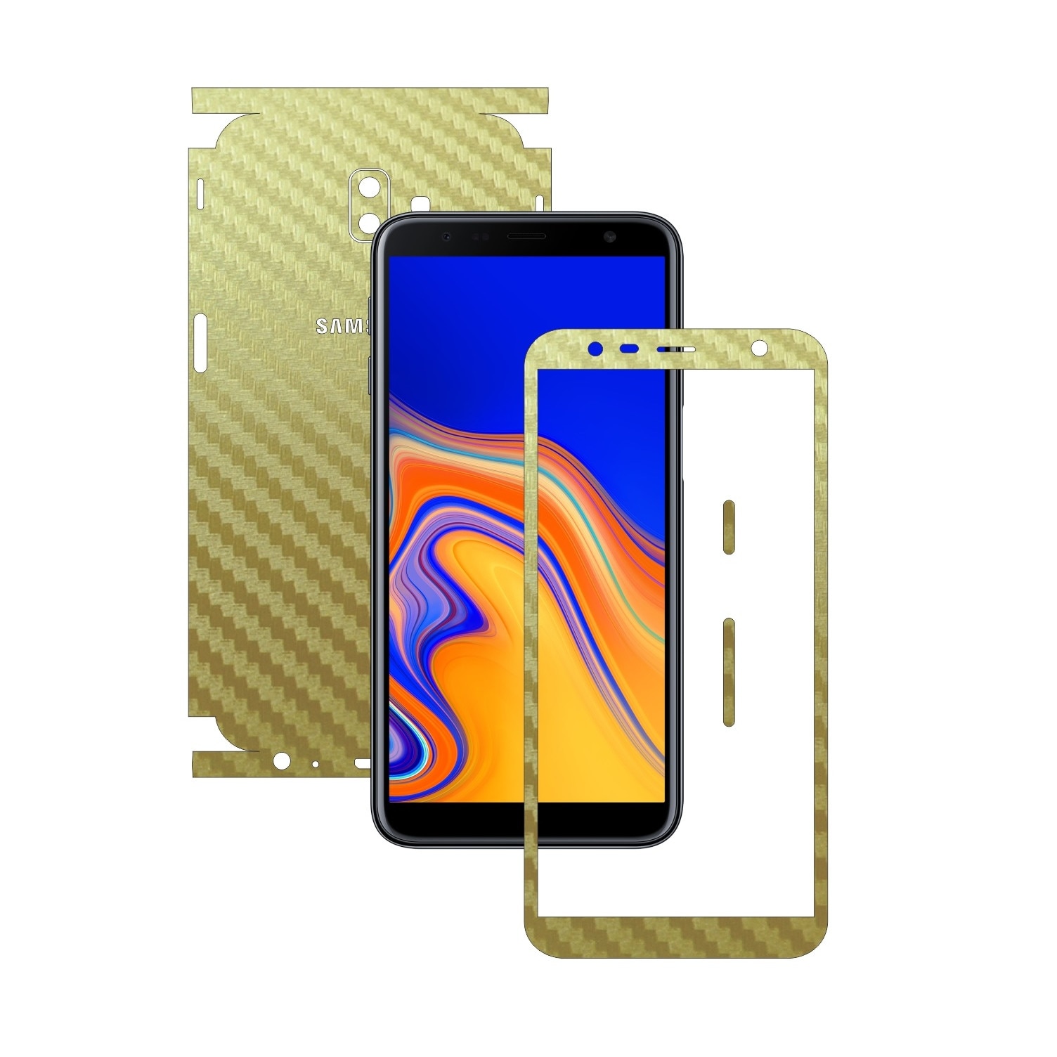 Folie Protectie Carbon Skinz pentru Samsung Galaxy J6+ Plus - Carbon Auriu 360 Cut, Skin Adeziv Full Body Cover pentru Rama Ecran, Carcasa Spate si Laterale