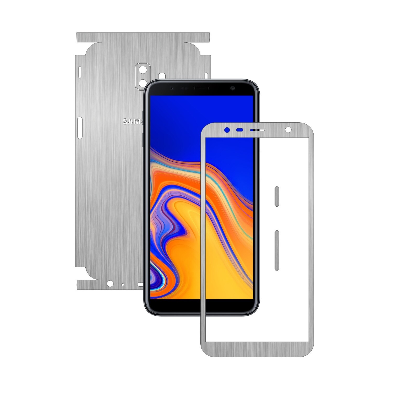 Folie Protectie Carbon Skinz pentru Samsung Galaxy J6+ Plus - Brushed Argintiu 360 Cut, Skin Adeziv Full Body Cover pentru Rama Ecran, Carcasa Spate si Laterale