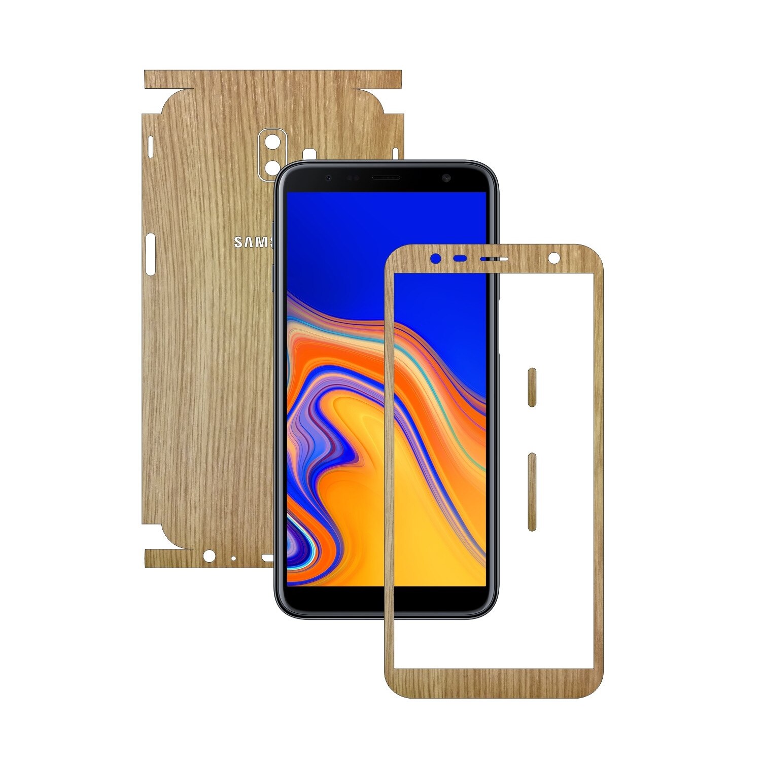 Folie Protectie Carbon Skinz pentru Samsung Galaxy J6+ Plus - Lemn Stejar 360 Cut, Skin Adeziv Full Body Cover pentru Rama Ecran, Carcasa Spate si Laterale