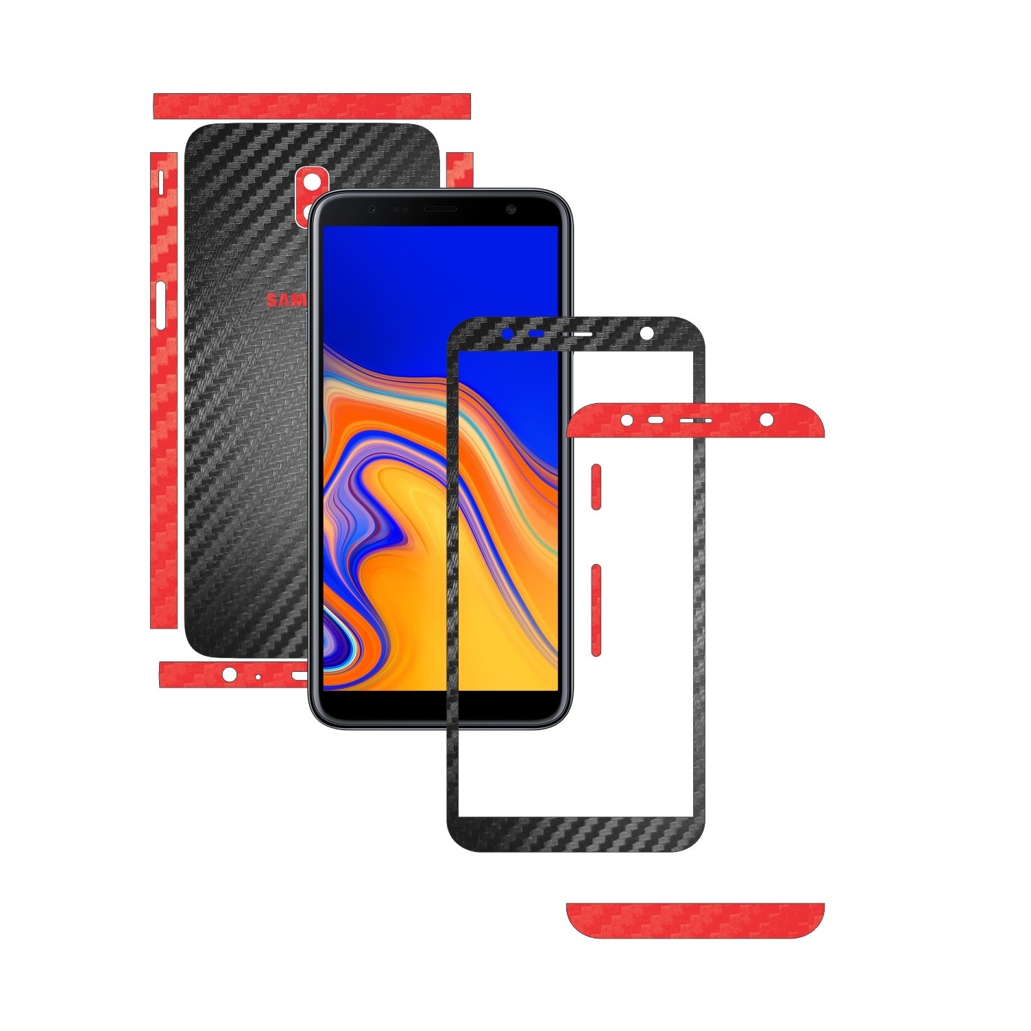 Folie Protectie Carbon Skinz pentru Samsung Galaxy J6+ Plus - Carbon Two Tone Negru / Rosu, Skin Adeziv Full Body Cover pentru Rama Ecran, Carcasa Spate si Laterale