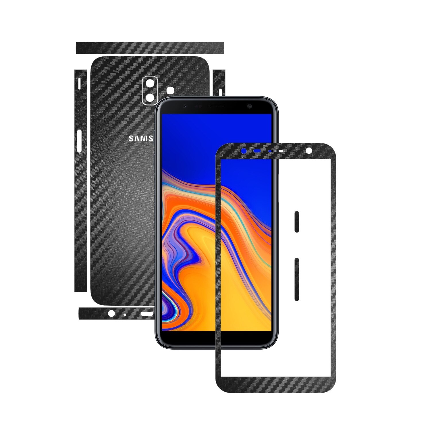 Folie Protectie Carbon Skinz pentru Samsung Galaxy J6+ Plus - Carbon Negru Split Cut, Skin Adeziv Full Body Cover pentru Rama Ecran, Carcasa Spate si Laterale