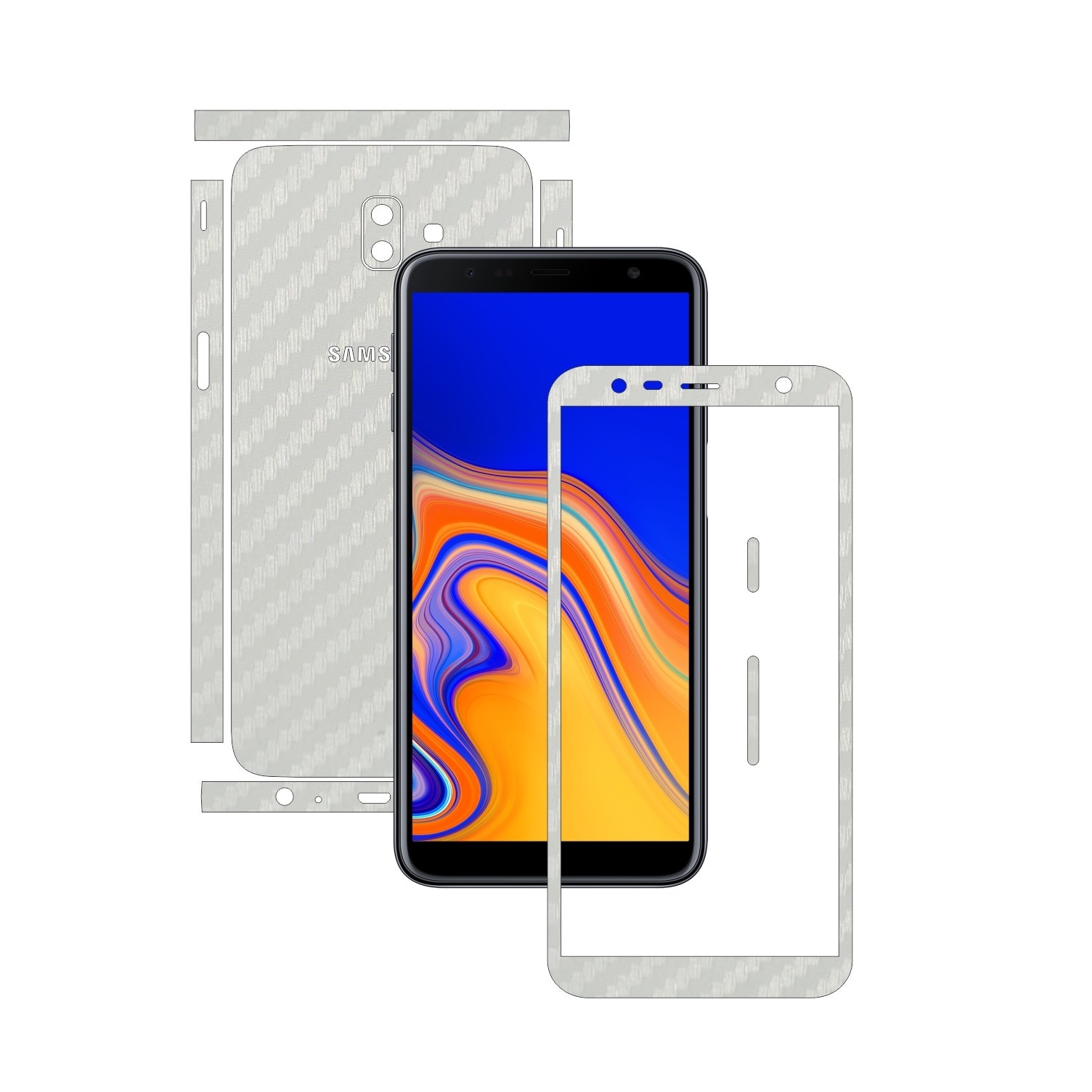 Folie Protectie Carbon Skinz pentru Samsung Galaxy J6+ Plus - Carbon Alb Split Cut, Skin Adeziv Full Body Cover pentru Rama Ecran, Carcasa Spate si Laterale
