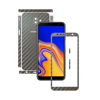 Folie Protectie Carbon Skinz pentru Samsung Galaxy J6+ Plus - Carbon Gri Argintiu Split Cut, Skin Adeziv Full Body Cover pentru Rama Ecran, Carcasa Spate si Laterale