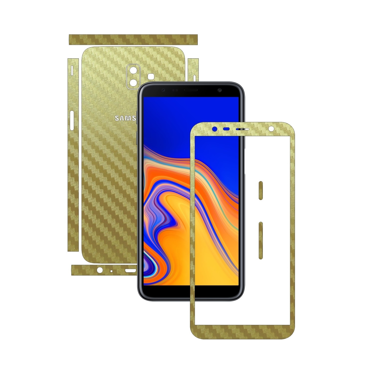Folie Protectie Carbon Skinz pentru Samsung Galaxy J6+ Plus - Carbon Auriu Split Cut, Skin Adeziv Full Body Cover pentru Rama Ecran, Carcasa Spate si Laterale