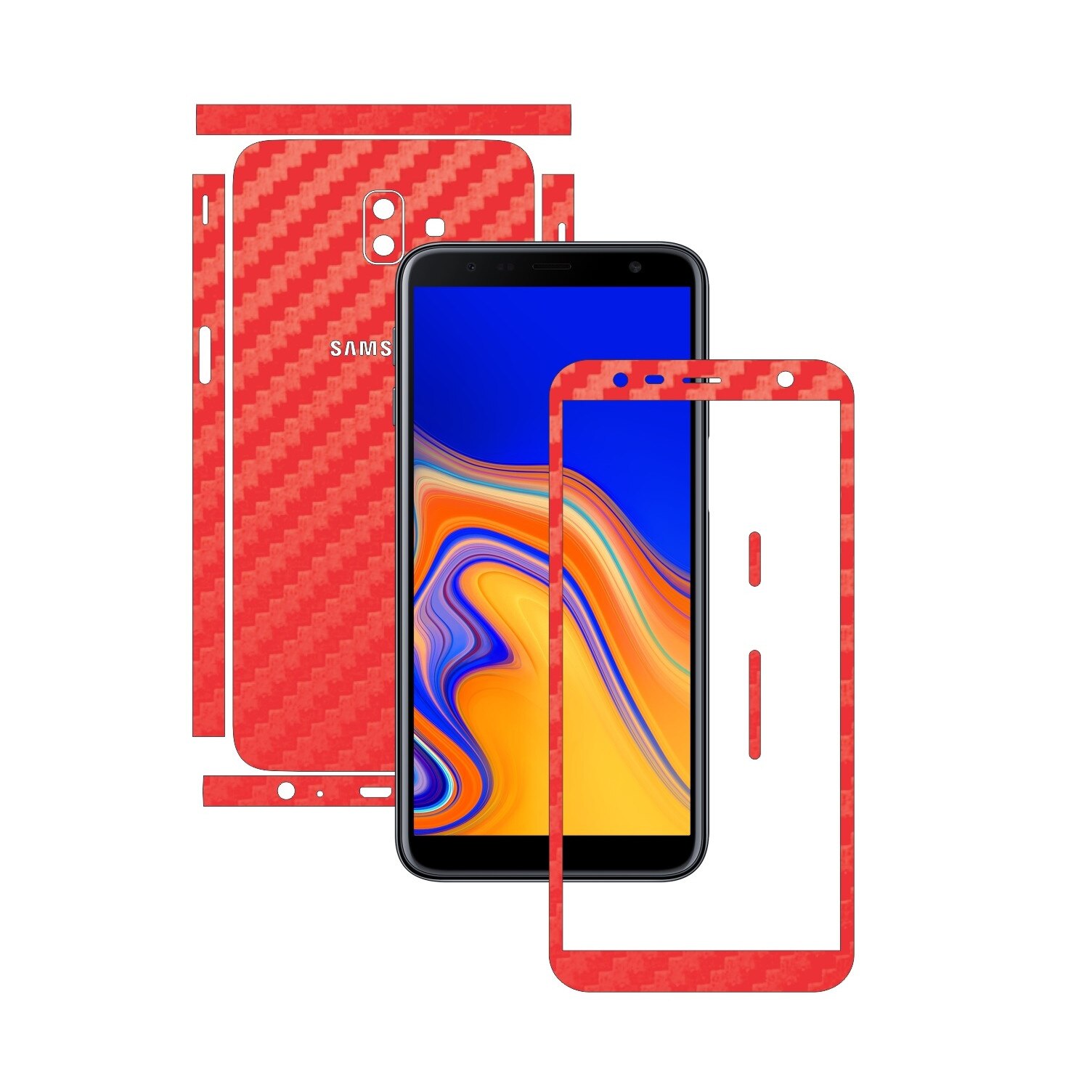 Folie Protectie Carbon Skinz pentru Samsung Galaxy J6+ Plus - Carbon Rosu Split Cut, Skin Adeziv Full Body Cover pentru Rama Ecran, Carcasa Spate si Laterale