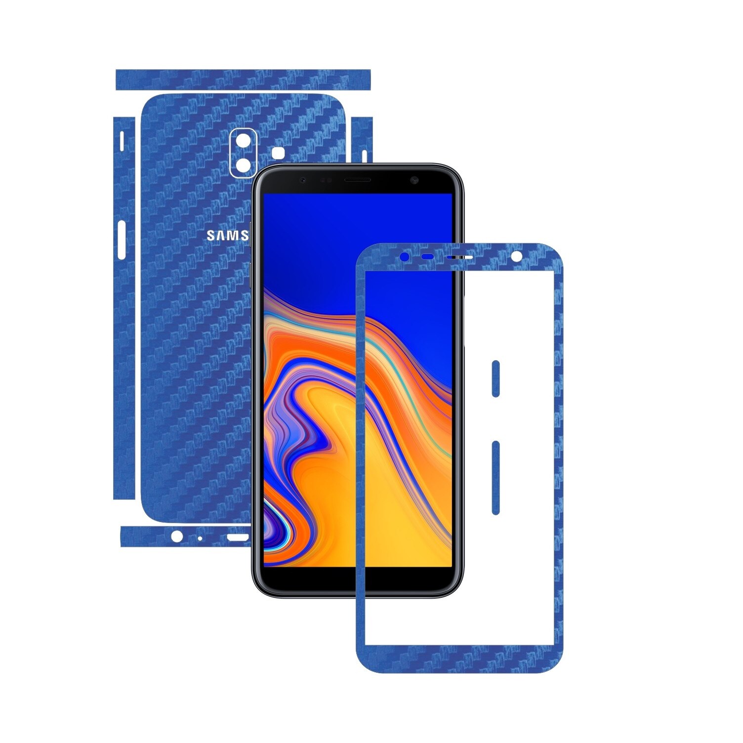 Folie Protectie Carbon Skinz pentru Samsung Galaxy J6+ Plus - Carbon Albastru Split Cut, Skin Adeziv Full Body Cover pentru Rama Ecran, Carcasa Spate si Laterale