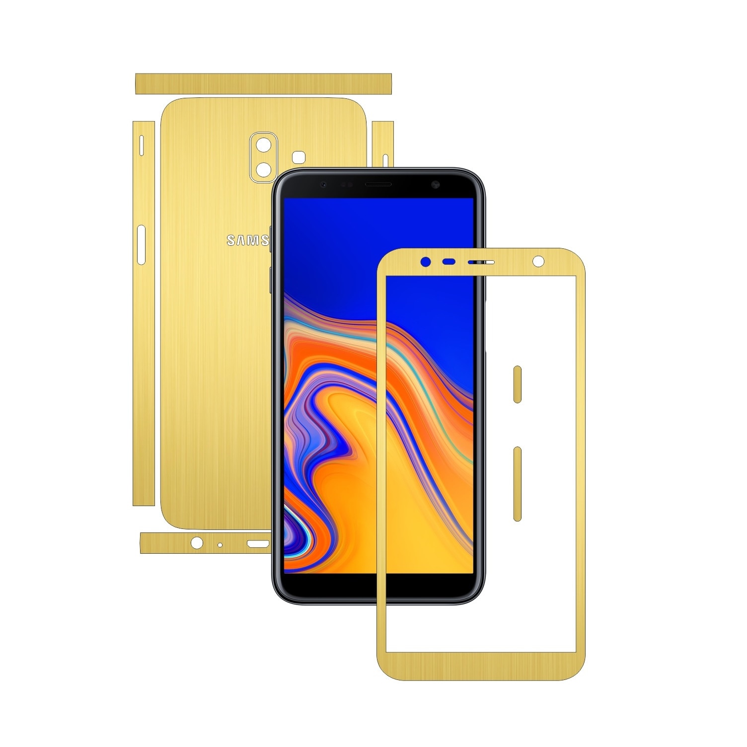 Folie Protectie Carbon Skinz pentru Samsung Galaxy J6+ Plus - Brushed Auriu Split Cut, Skin Adeziv Full Body Cover pentru Rama Ecran, Carcasa Spate si Laterale