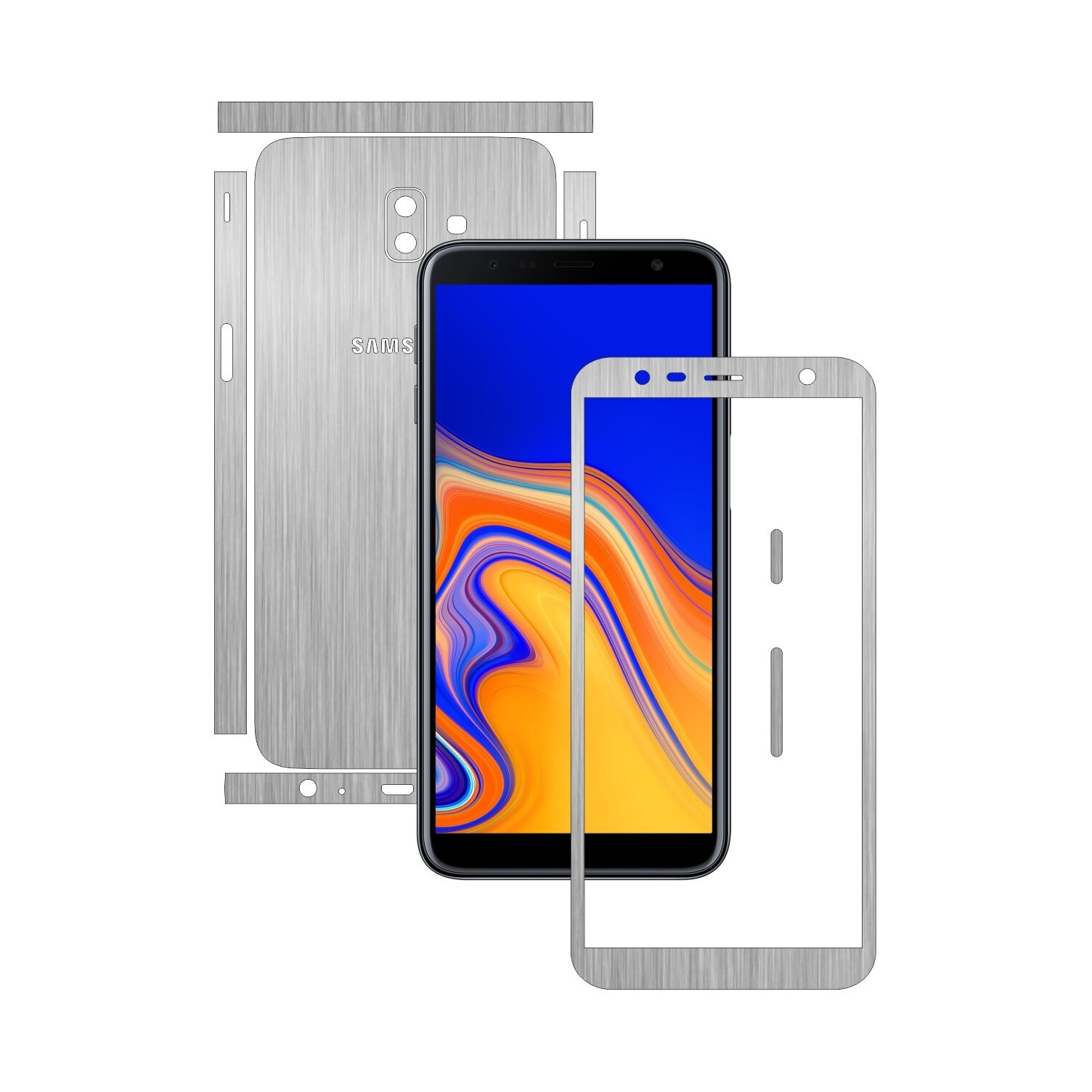 Folie Protectie Carbon Skinz pentru Samsung Galaxy J6+ Plus - Brushed Argintiu Split Cut, Skin Adeziv Full Body Cover pentru Rama Ecran, Carcasa Spate si Laterale