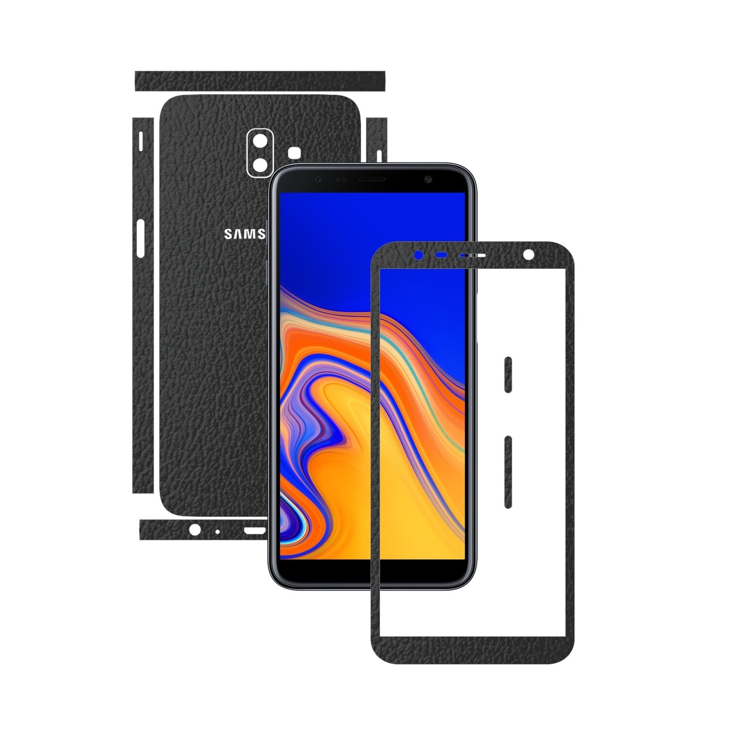 Folie Protectie Carbon Skinz pentru Samsung Galaxy J6+ Plus - Piele Neagra Split Cut, Skin Adeziv Full Body Cover pentru Rama Ecran, Carcasa Spate si Laterale
