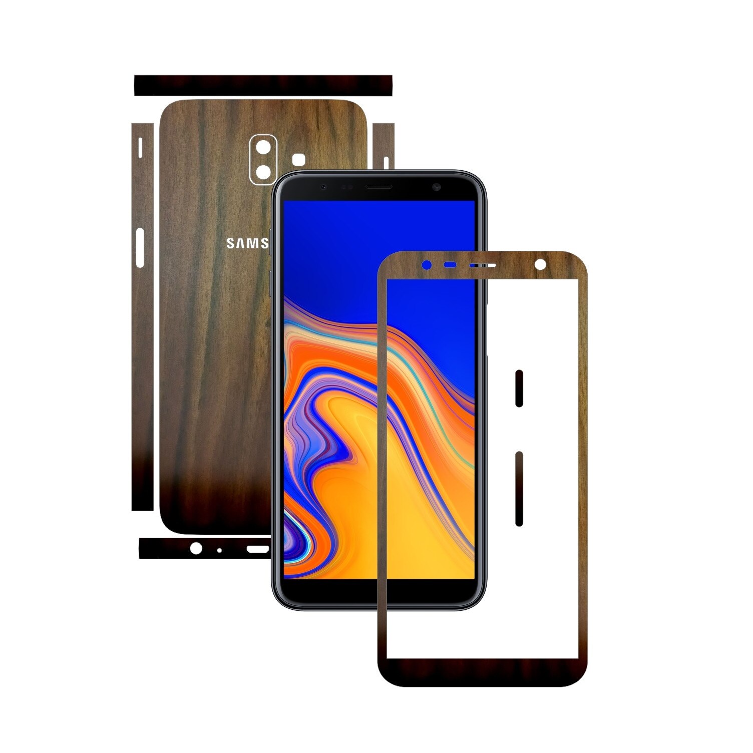 Folie Protectie Carbon Skinz pentru Samsung Galaxy J6+ Plus - Lemn Nuc Split Cut, Skin Adeziv Full Body Cover pentru Rama Ecran, Carcasa Spate si Laterale