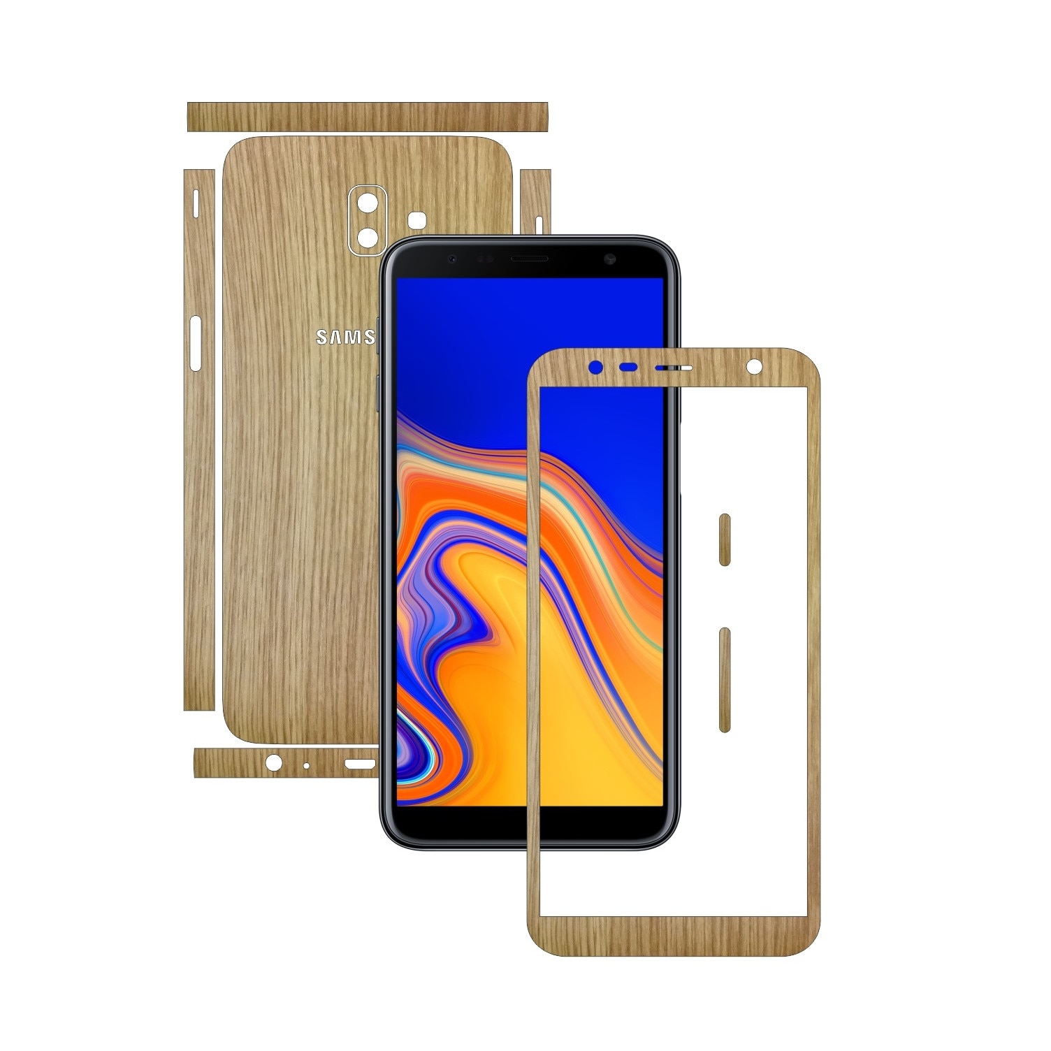 Folie Protectie Carbon Skinz pentru Samsung Galaxy J6+ Plus - Lemn Stejar Split Cut, Skin Adeziv Full Body Cover pentru Rama Ecran, Carcasa Spate si Laterale