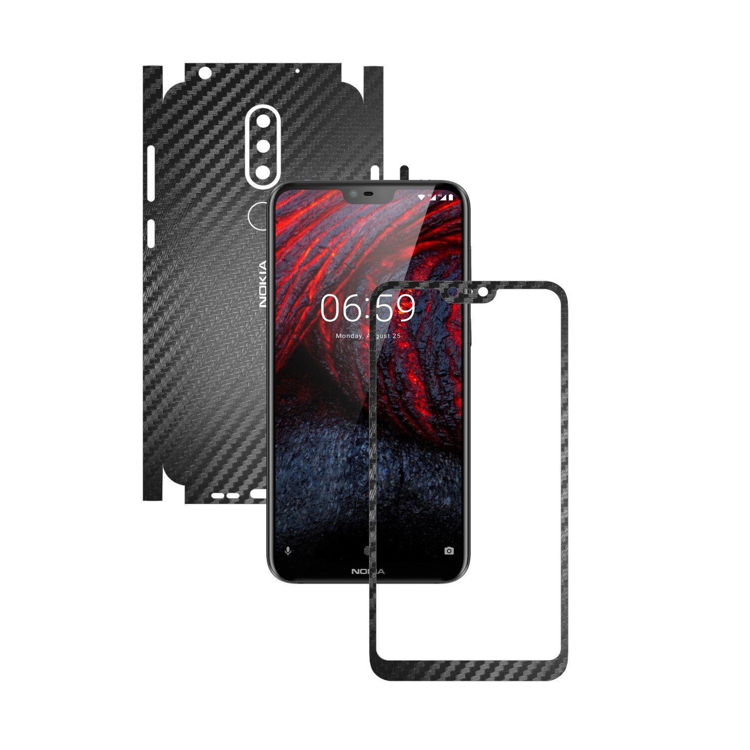 Folie Protectie Carbon Skinz pentru Nokia 6.1 Plus (X6) - Carbon Negru 360 Cut, Skin Adeziv Full Body Cover pentru Rama Ecran, Carcasa Spate si Laterale