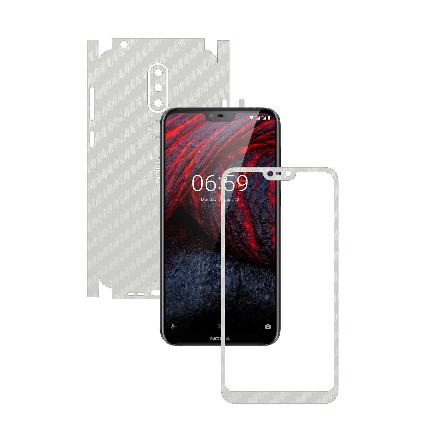 Folie Protectie Carbon Skinz pentru Nokia 6.1 Plus (X6) - Carbon Alb 360 Cut, Skin Adeziv Full Body Cover pentru Rama Ecran, Carcasa Spate si Laterale