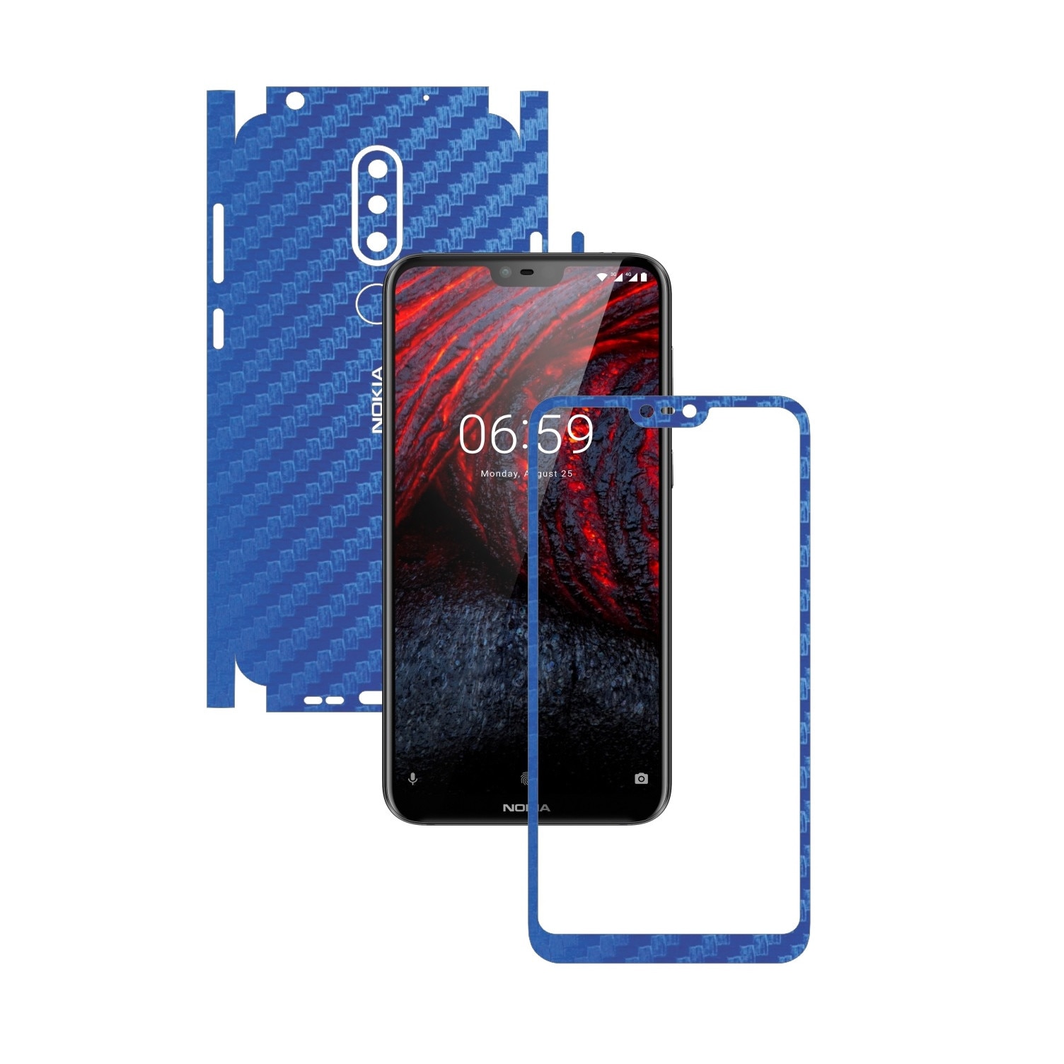 Folie Protectie Carbon Skinz pentru Nokia 6.1 Plus (X6) - Carbon Albastru 360 Cut, Skin Adeziv Full Body Cover pentru Rama Ecran, Carcasa Spate si Laterale