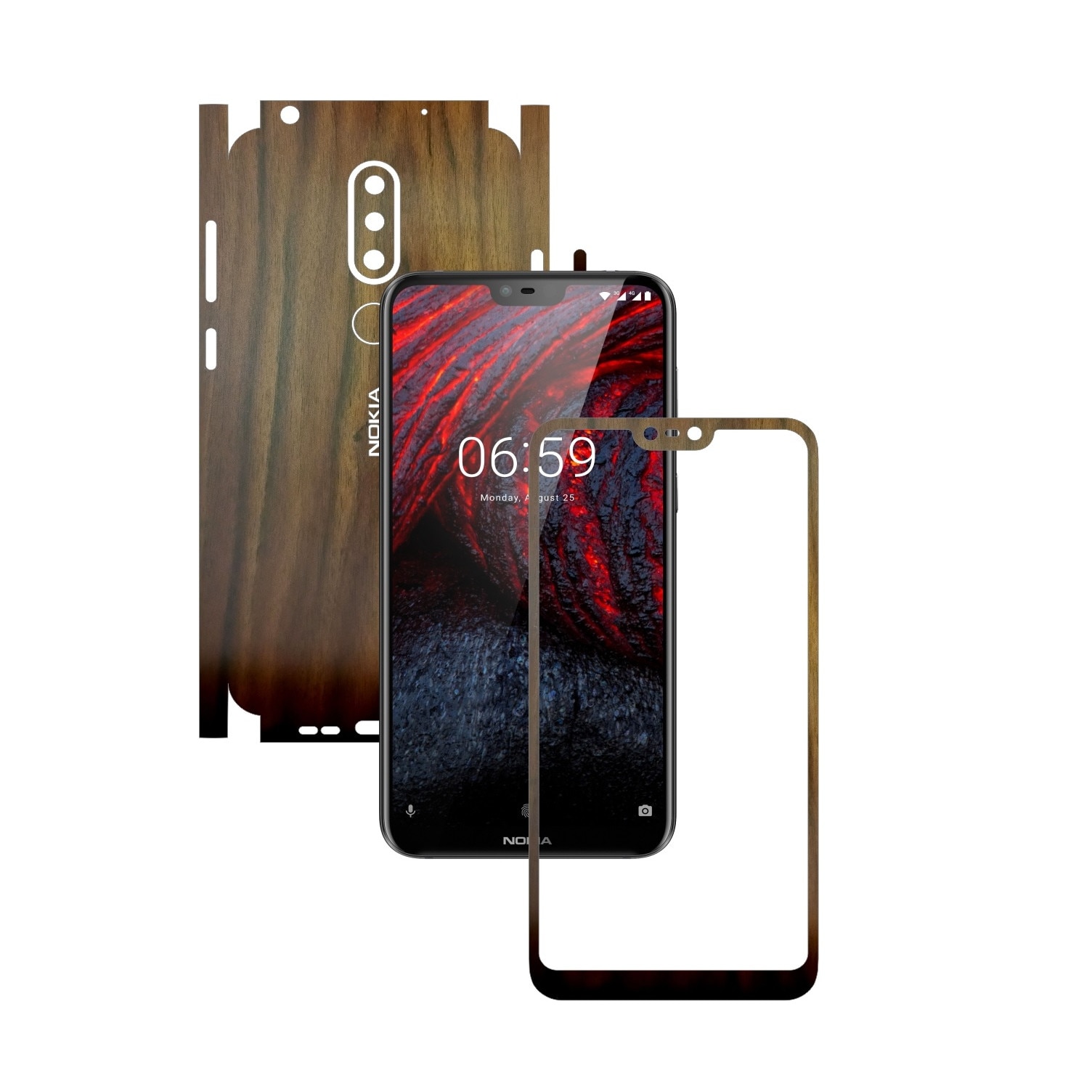Folie Protectie Carbon Skinz pentru Nokia 6.1 Plus (X6) - Lemn Nuc 360 Cut, Skin Adeziv Full Body Cover pentru Rama Ecran, Carcasa Spate si Laterale