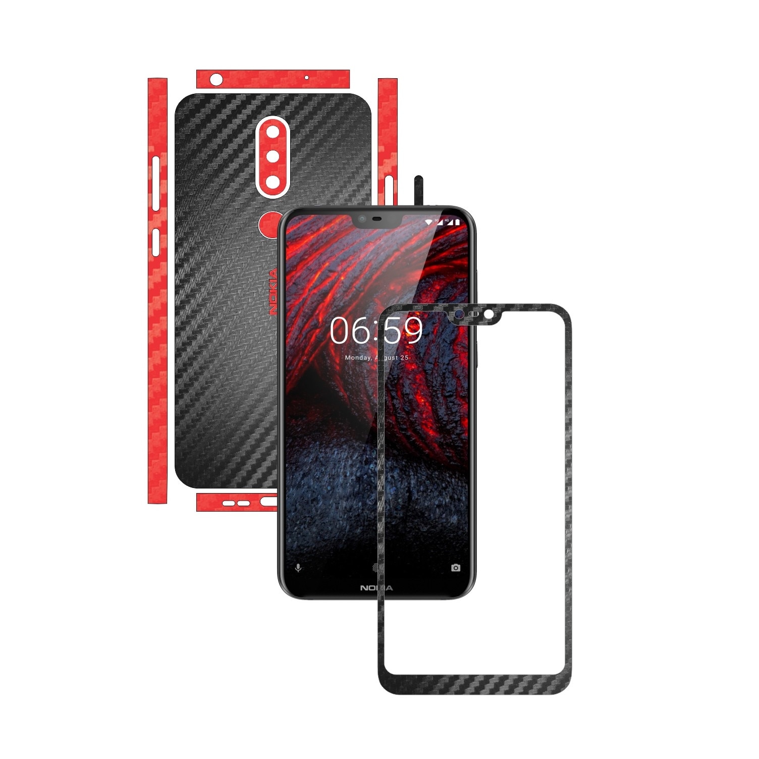 Folie Protectie Carbon Skinz pentru Nokia 6.1 Plus (X6) - Carbon Two Tone Negru / Rosu, Skin Adeziv Full Body Cover pentru Rama Ecran, Carcasa Spate si Laterale