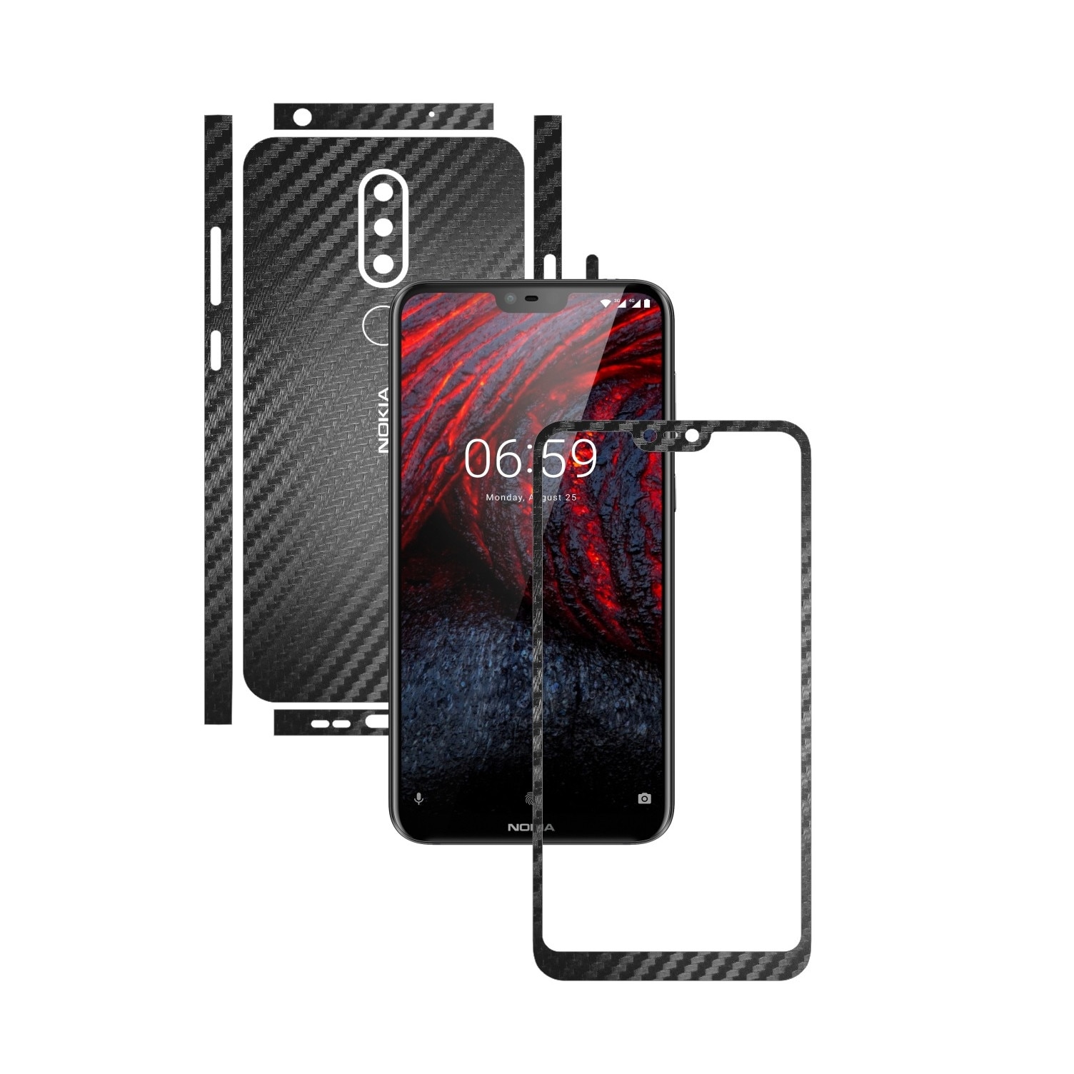 Folie Protectie Carbon Skinz pentru Nokia 6.1 Plus (X6) - Carbon Negru Split Cut, Skin Adeziv Full Body Cover pentru Rama Ecran, Carcasa Spate si Laterale