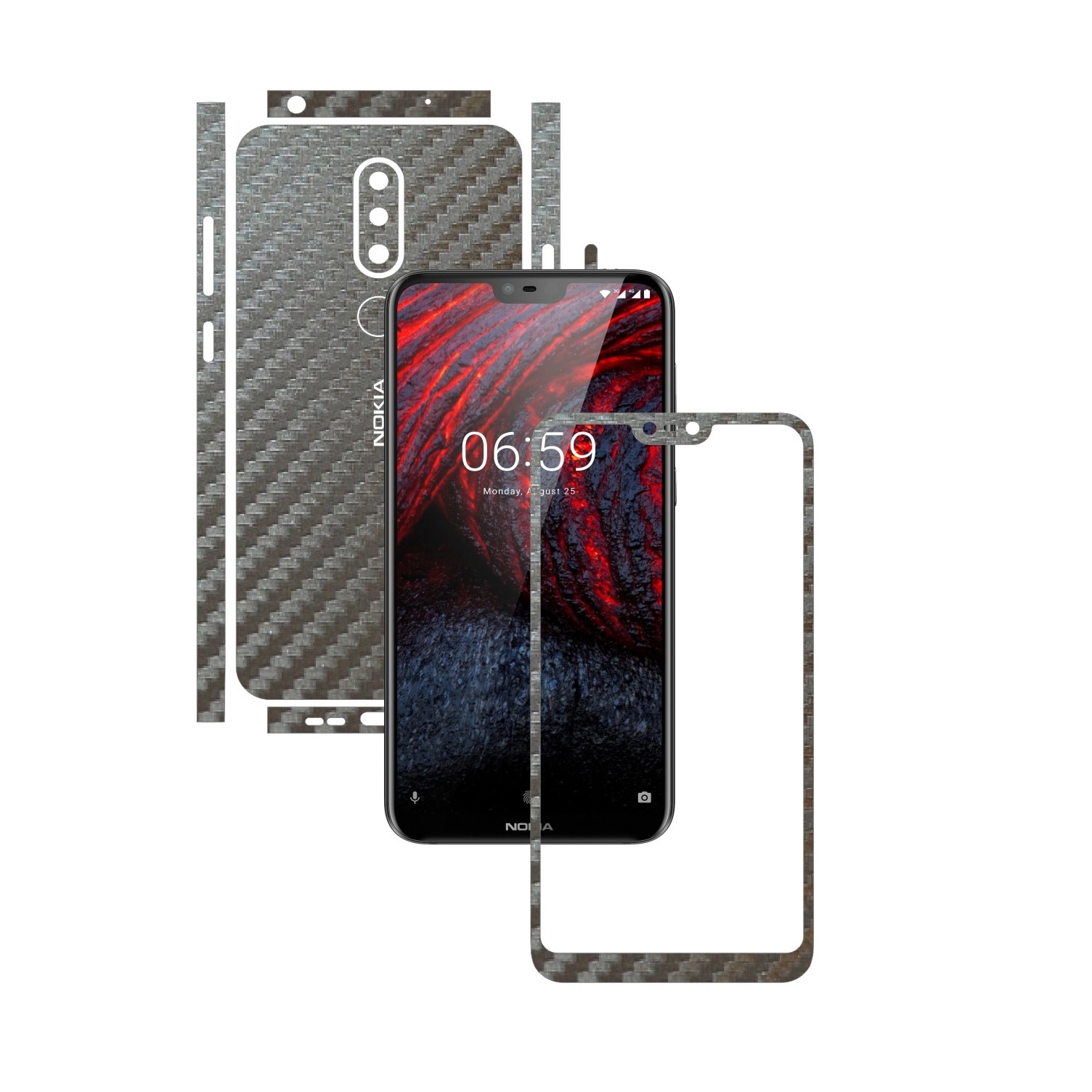 Folie Protectie Carbon Skinz pentru Nokia 6.1 Plus (X6) - Carbon Gri Argintiu Split Cut, Skin Adeziv Full Body Cover pentru Rama Ecran, Carcasa Spate si Laterale