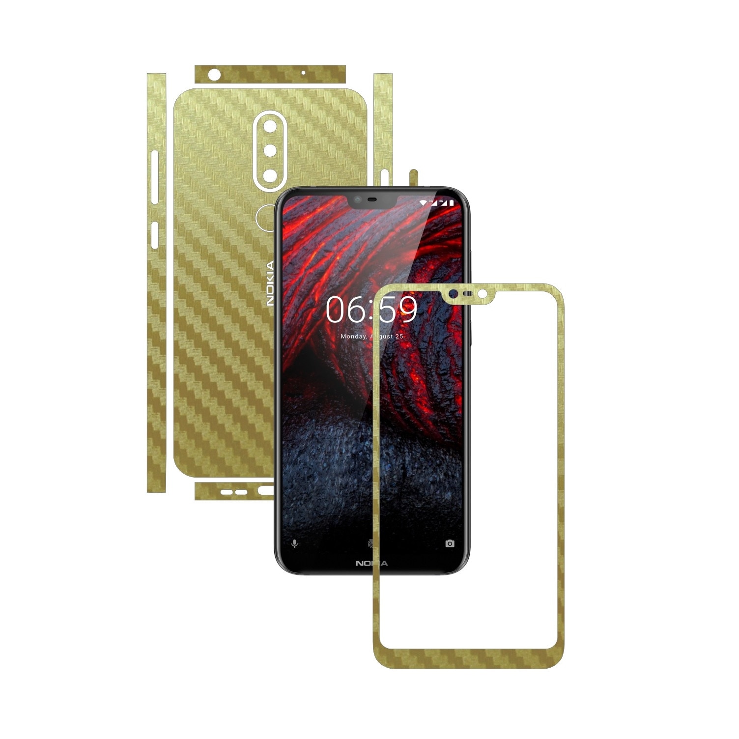 Folie Protectie Carbon Skinz pentru Nokia 6.1 Plus (X6) - Carbon Auriu Split Cut, Skin Adeziv Full Body Cover pentru Rama Ecran, Carcasa Spate si Laterale