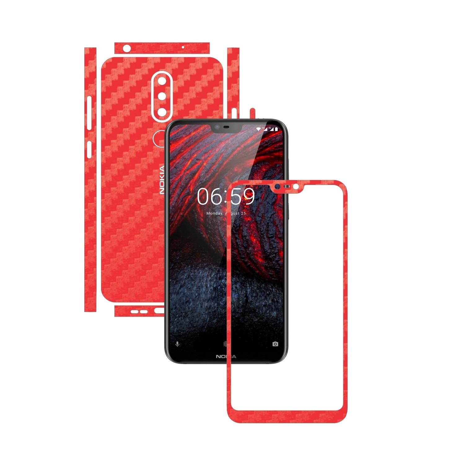 Folie Protectie Carbon Skinz pentru Nokia 6.1 Plus (X6) - Carbon Rosu Split Cut, Skin Adeziv Full Body Cover pentru Rama Ecran, Carcasa Spate si Laterale