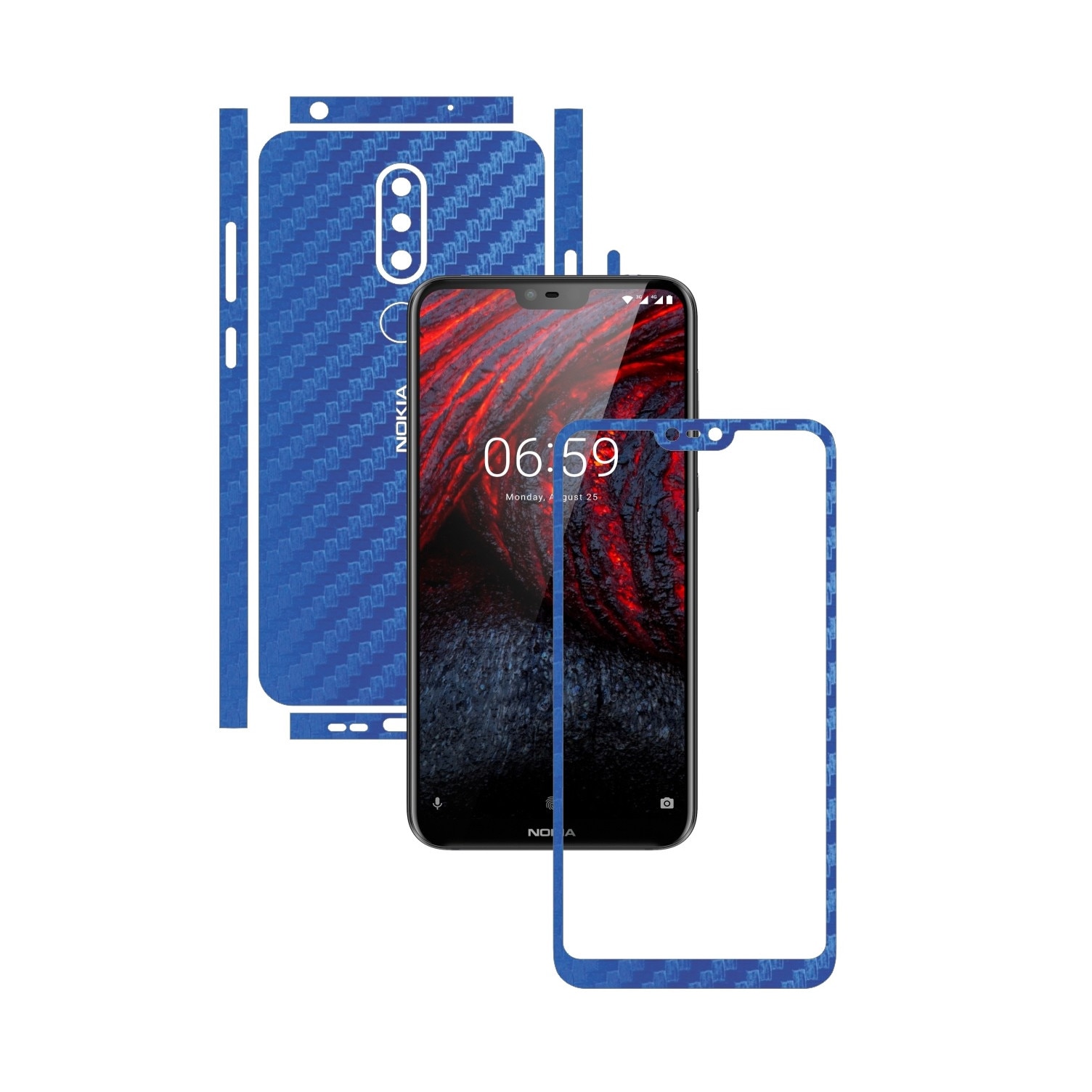 Folie Protectie Carbon Skinz pentru Nokia 6.1 Plus (X6) - Carbon Albastru Split Cut, Skin Adeziv Full Body Cover pentru Rama Ecran, Carcasa Spate si Laterale