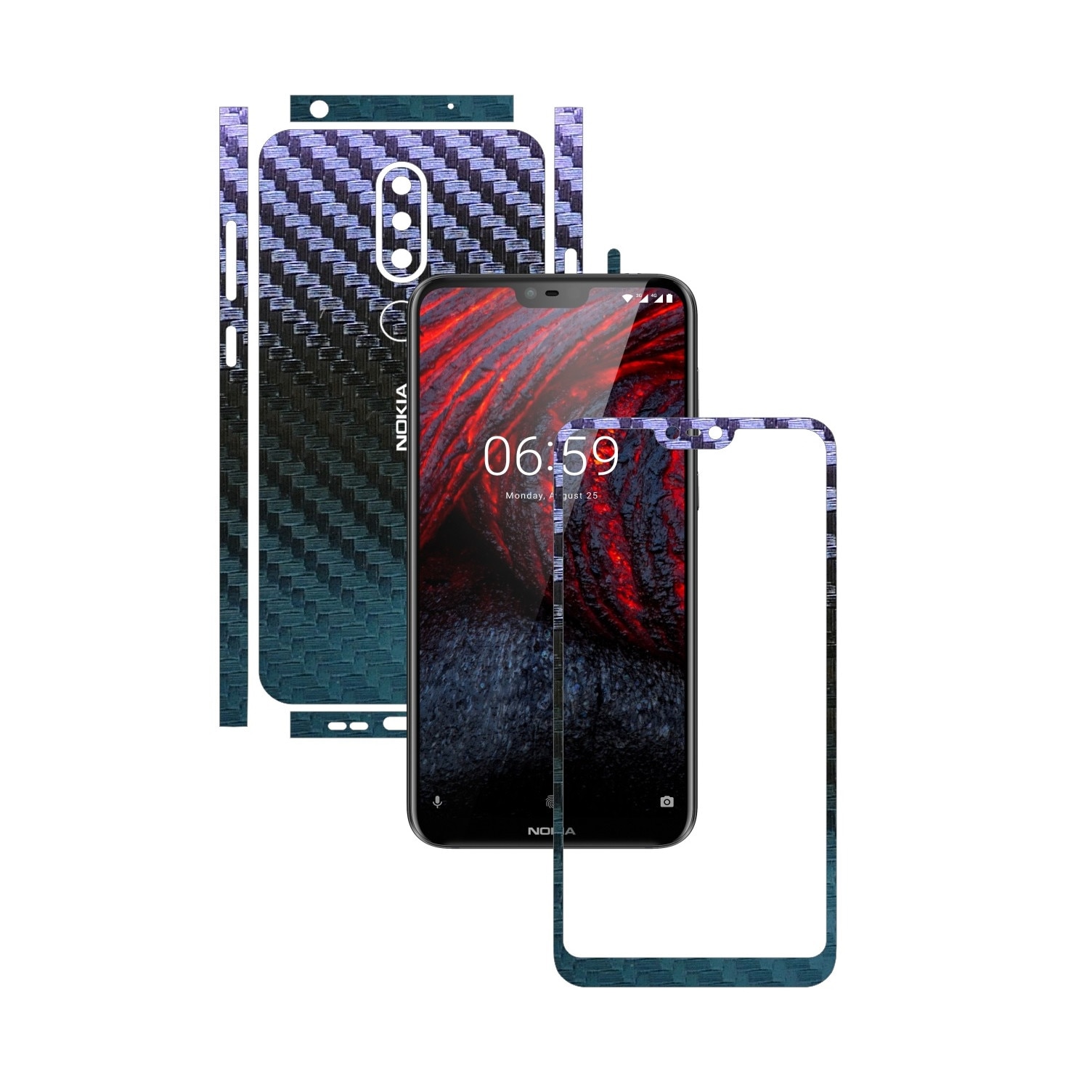 Folie Protectie Carbon Skinz pentru Nokia 6.1 Plus (X6) - Carbon Cameleon Split Cut, Skin Adeziv Full Body Cover pentru Rama Ecran, Carcasa Spate si Laterale