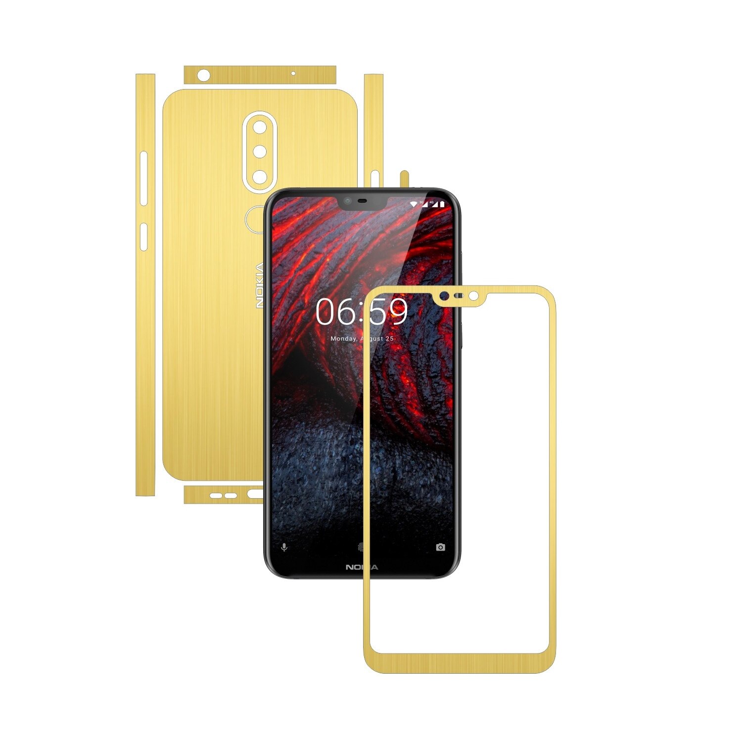 Folie Protectie Carbon Skinz pentru Nokia 6.1 Plus (X6) - Brushed Auriu Split Cut, Skin Adeziv Full Body Cover pentru Rama Ecran, Carcasa Spate si Laterale
