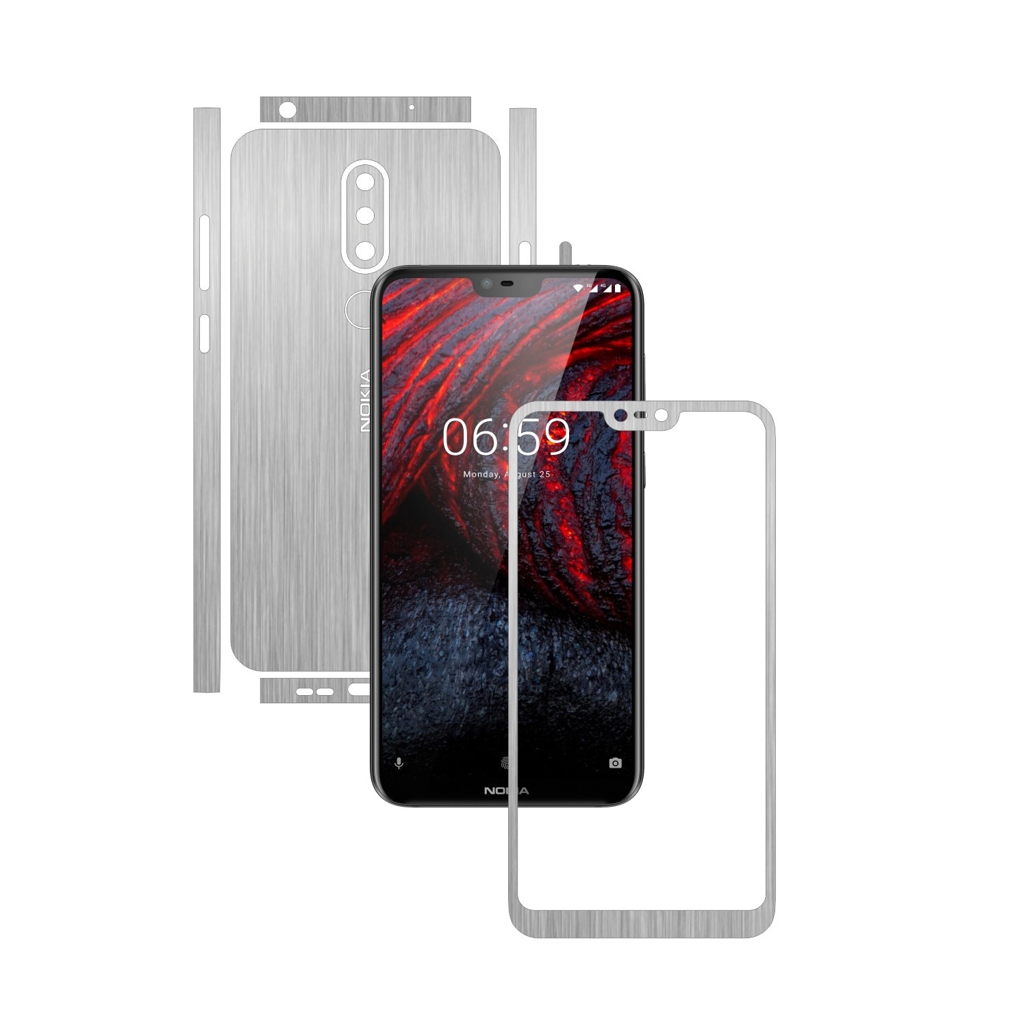 Folie Protectie Carbon Skinz pentru Nokia 6.1 Plus (X6) - Brushed Argintiu Split Cut, Skin Adeziv Full Body Cover pentru Rama Ecran, Carcasa Spate si Laterale