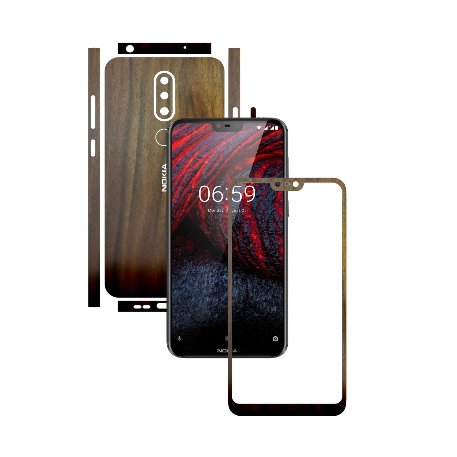 Folie Protectie Carbon Skinz pentru Nokia 6.1 Plus (X6) - Lemn Nuc Split Cut, Skin Adeziv Full Body Cover pentru Rama Ecran, Carcasa Spate si Laterale