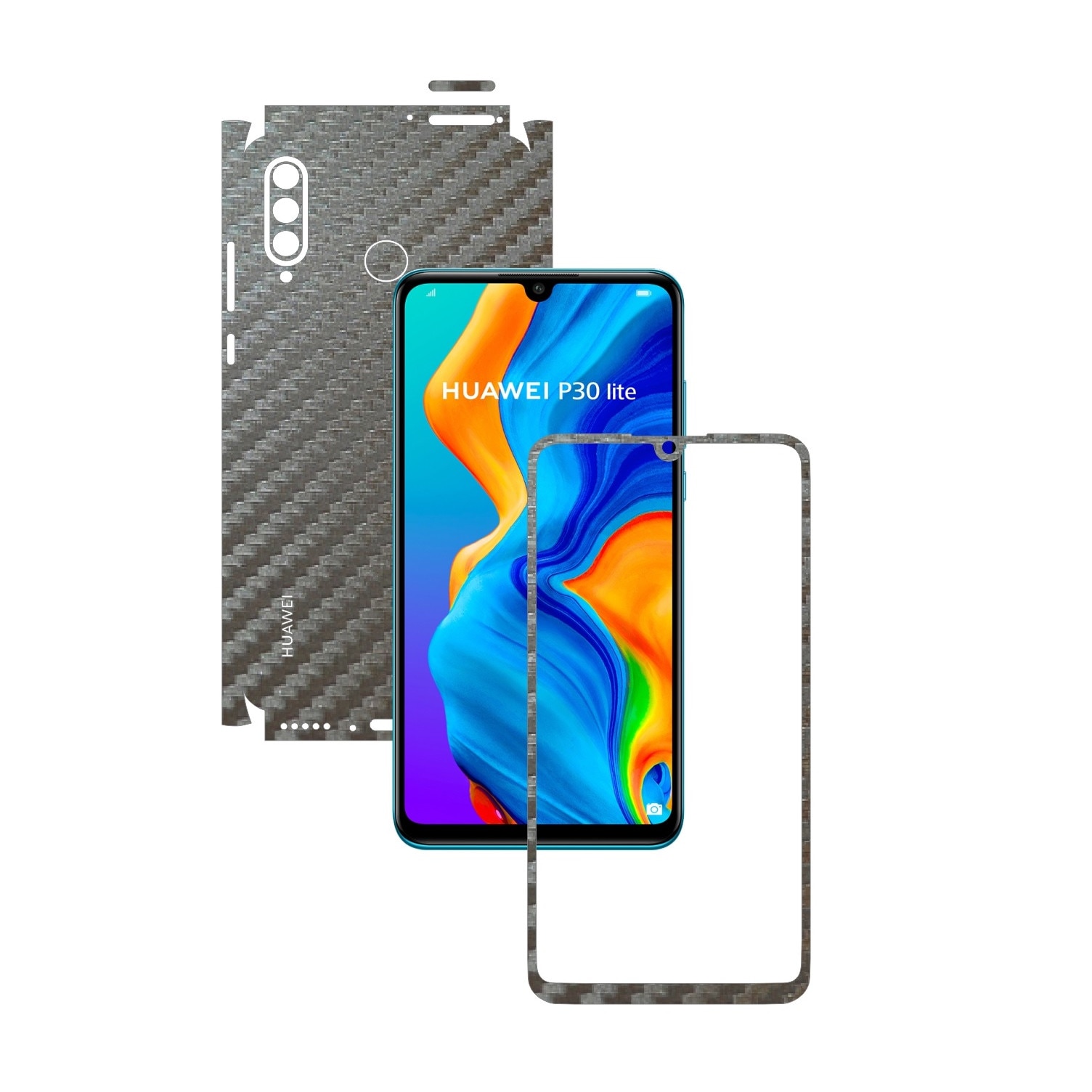 Folie Protectie Carbon Skinz pentru Huawei P30 Lite New Edition - Carbon Gri Argintiu 360 Cut, Skin Adeziv Full Body pentru Carcasa