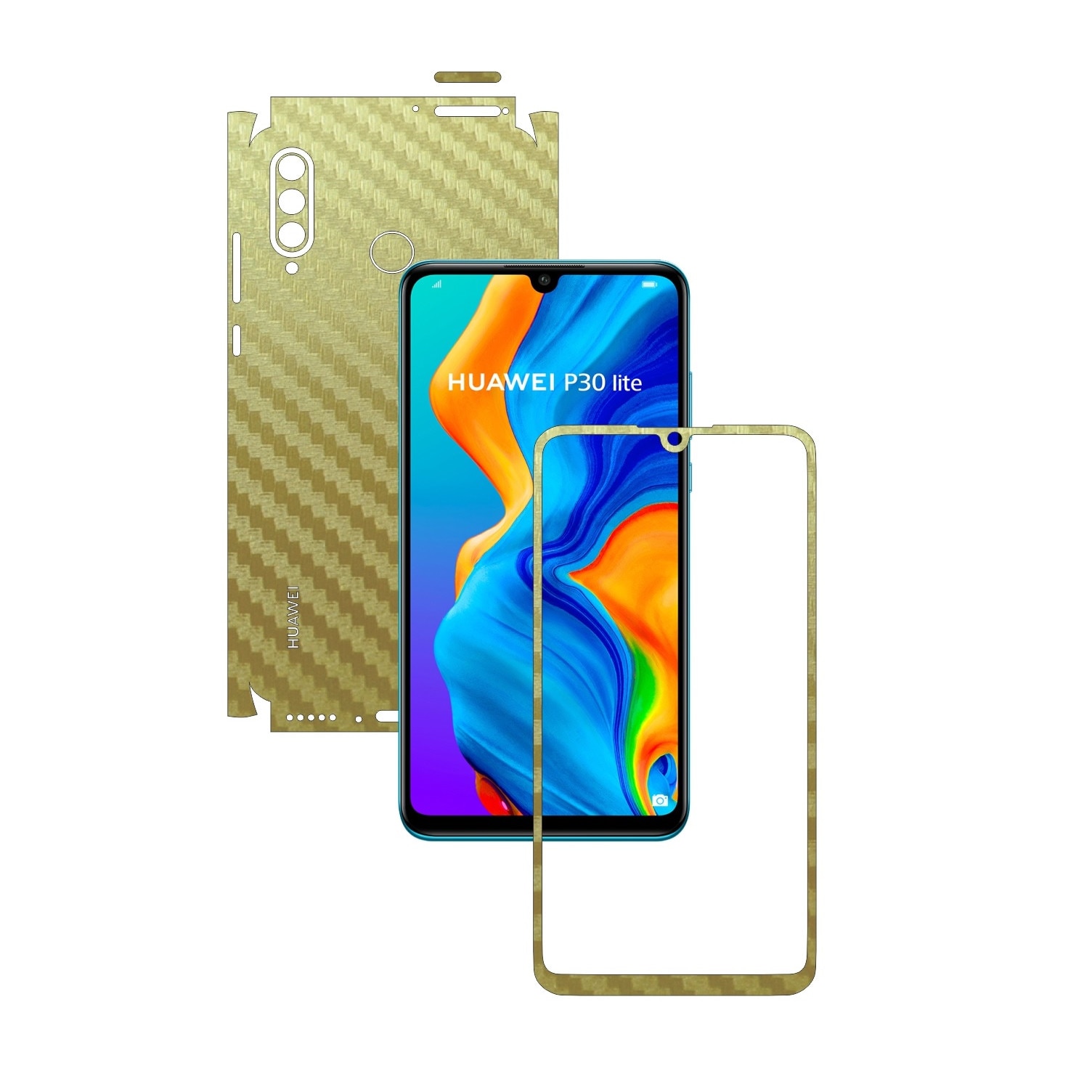 Folie Protectie Carbon Skinz pentru Huawei P30 Lite New Edition - Carbon Auriu 360 Cut, Skin Adeziv Full Body pentru Carcasa