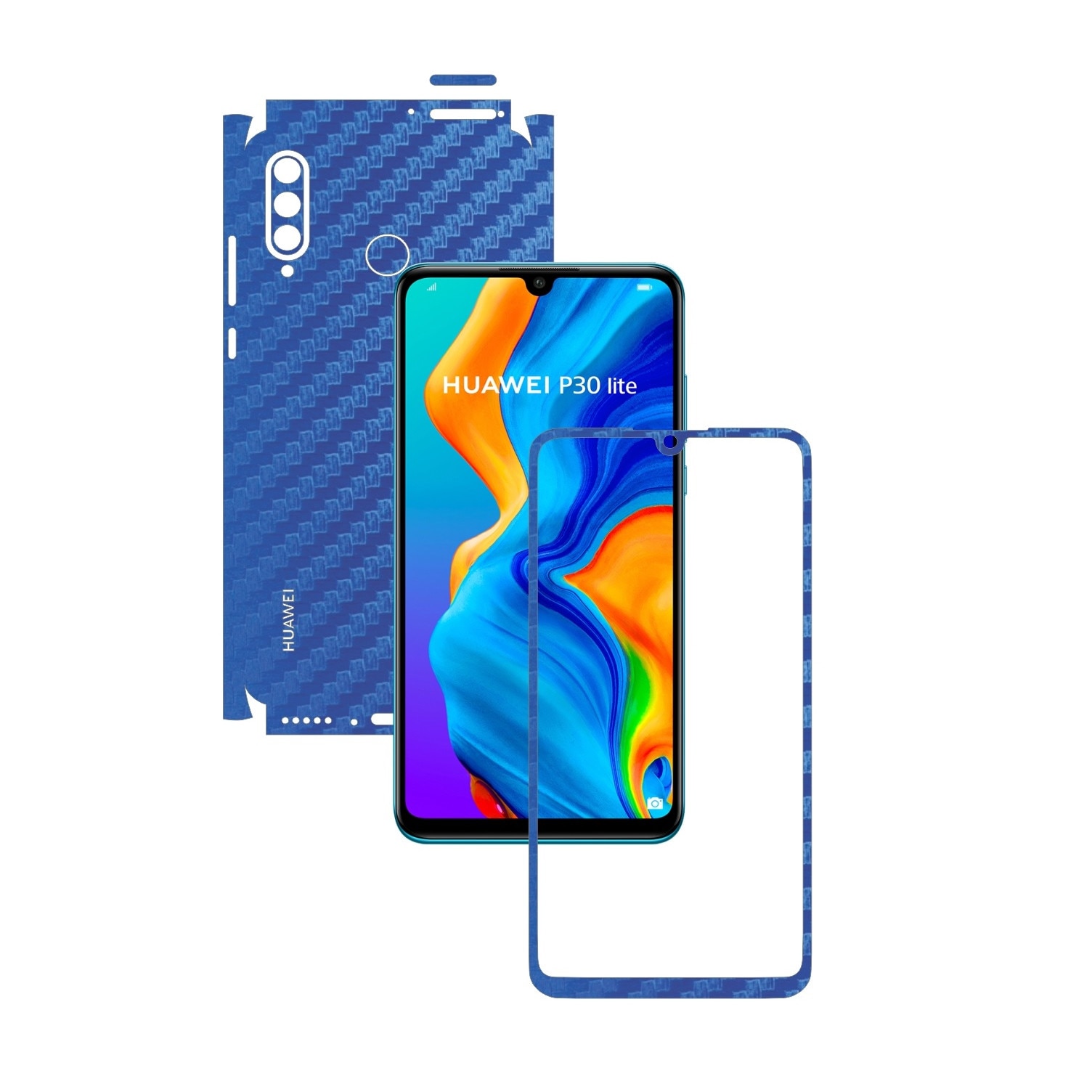 Folie Protectie Carbon Skinz pentru Huawei P30 Lite New Edition - Carbon Albastru 360 Cut, Skin Adeziv Full Body pentru Carcasa