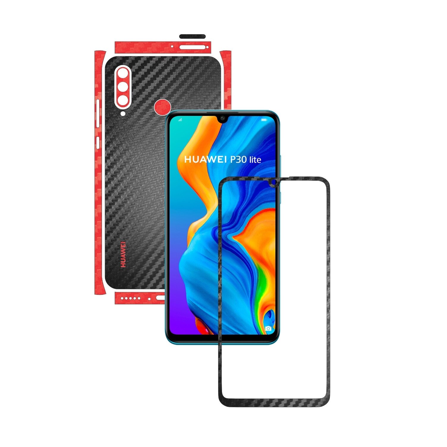Folie Protectie Carbon Skinz pentru Huawei P30 Lite New Edition - Carbon Two Tone Negru / Rosu, Skin Adeziv Full Body pentru Carcasa