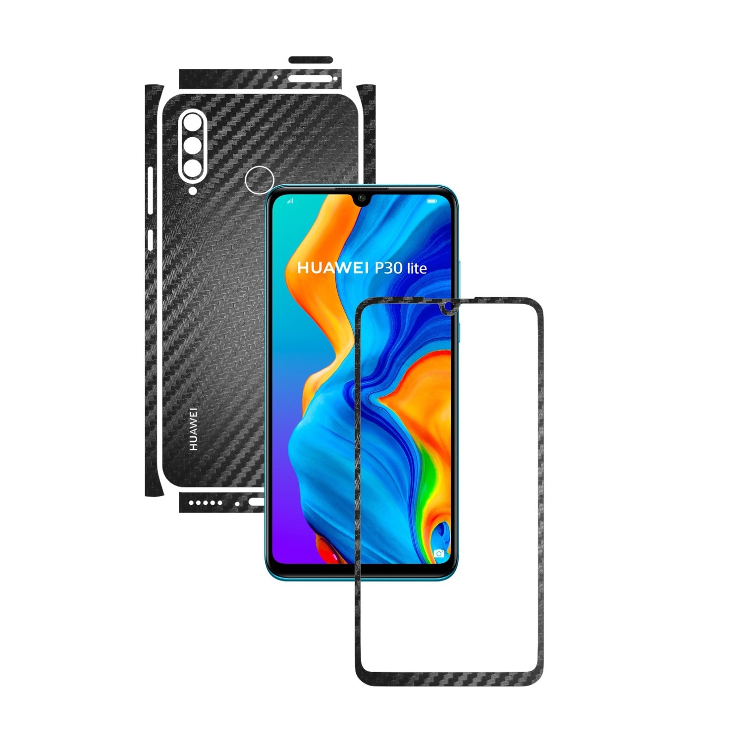 Folie Protectie Carbon Skinz pentru Huawei P30 Lite New Edition - Carbon Negru Split Cut, Skin Adeziv Full Body pentru Carcasa