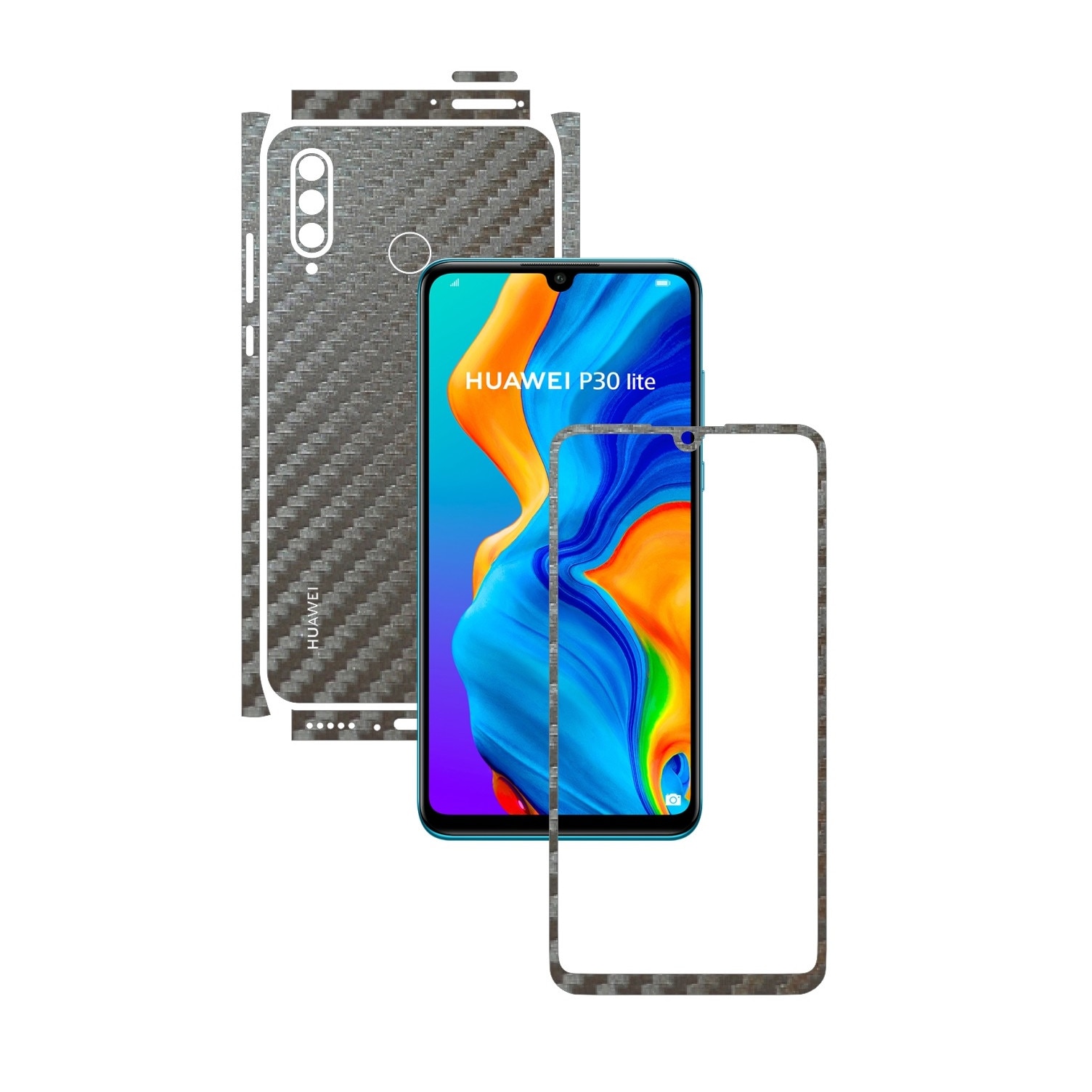 Folie Protectie Carbon Skinz pentru Huawei P30 Lite New Edition - Carbon Gri Argintiu Split Cut, Skin Adeziv Full Body pentru Carcasa