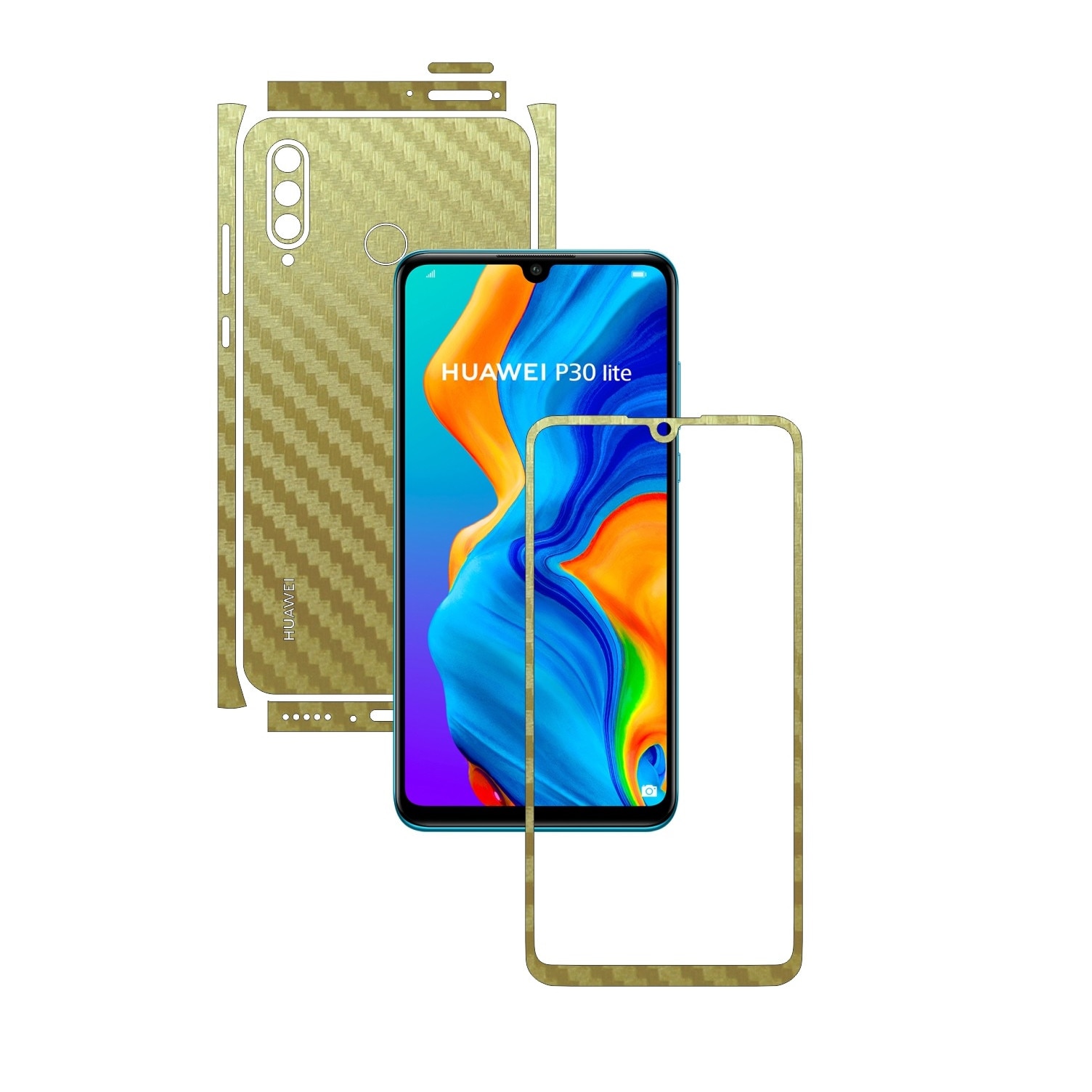 Folie Protectie Carbon Skinz pentru Huawei P30 Lite New Edition - Carbon Auriu Split Cut, Skin Adeziv Full Body pentru Carcasa