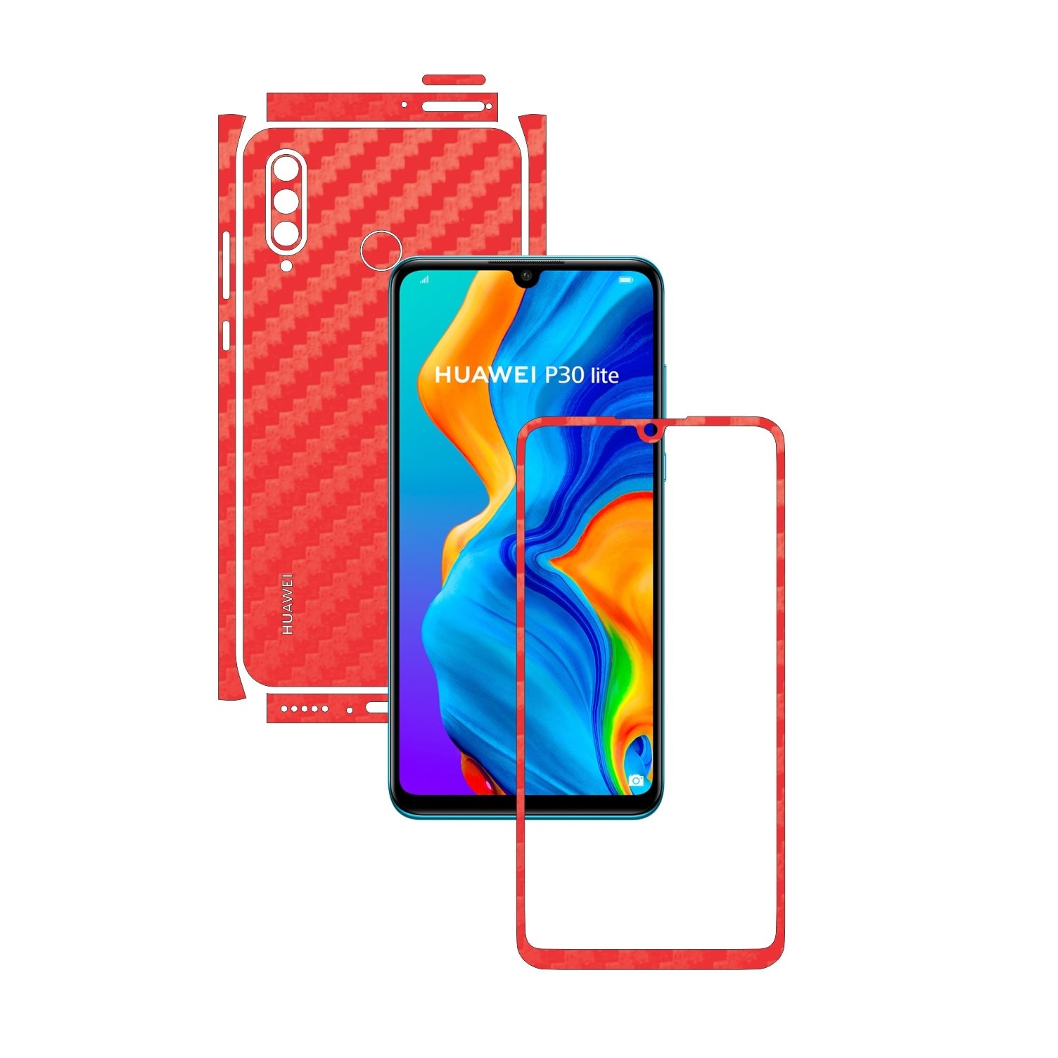 Folie Protectie Carbon Skinz pentru Huawei P30 Lite New Edition - Carbon Rosu Split Cut, Skin Adeziv Full Body pentru Carcasa