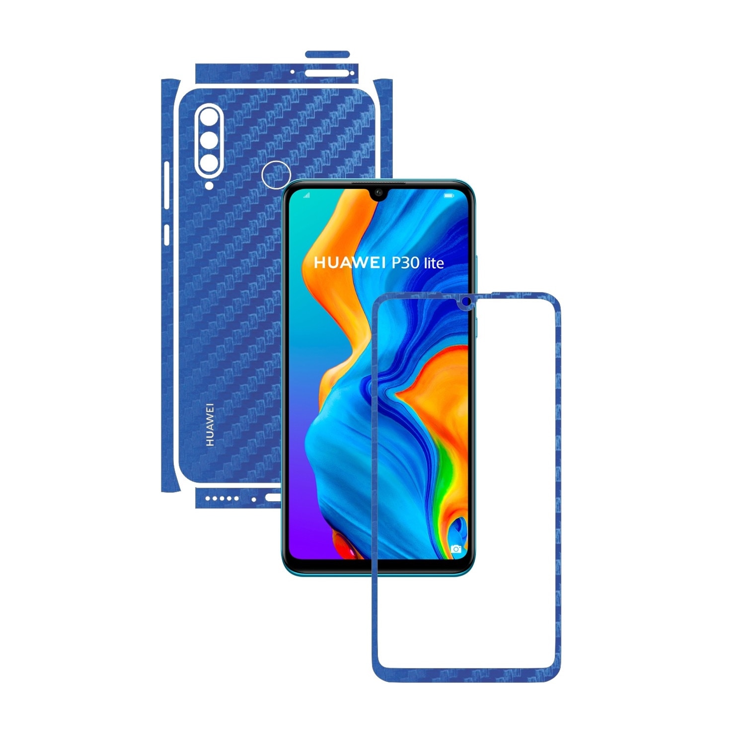 Folie Protectie Carbon Skinz pentru Huawei P30 Lite New Edition - Carbon Albastru Split Cut, Skin Adeziv Full Body pentru Carcasa